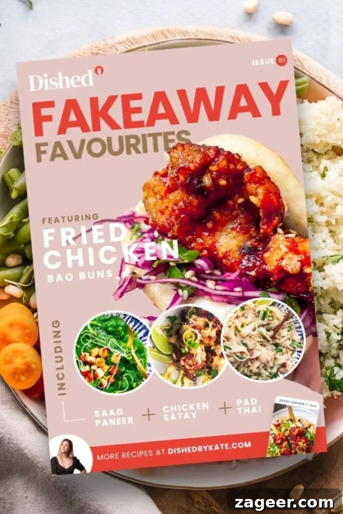 Spicy Chorizo and Black Bean Tacos with Sweet Pineapple Salsa 10 Cover of the 'Fakeaway Favourites' e-book, superimposed over a vibrant bowl of colorful salad, tempting readers with homemade takeaway dishes.