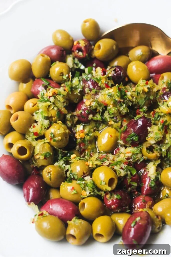 Zesty Olives in Minutes 5 Freshly drained olives in a bowl, ready for the marinade.