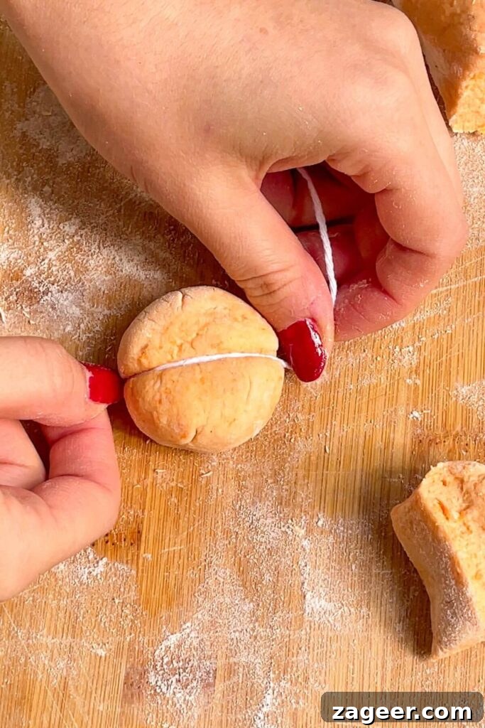 Effortless 5-Ingredient Sweet Potato Gnocchi 12 Hands holding string, pressing down on gnocchi dough to create a pumpkin shape.