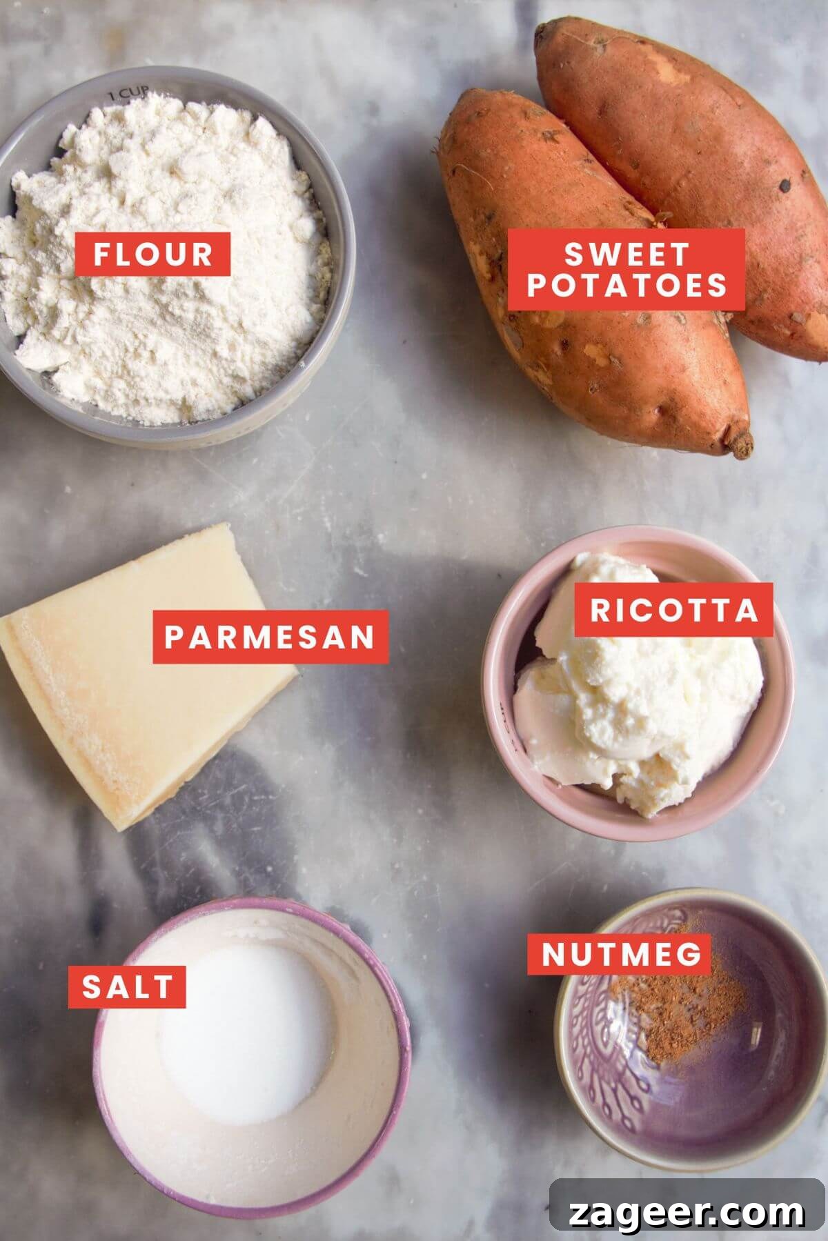 Effortless 5-Ingredient Sweet Potato Gnocchi 3 Ingredients for sweet potato gnocchi laid out on a grey marble background.