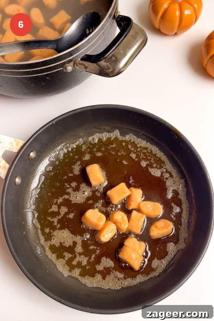 Effortless 5-Ingredient Sweet Potato Gnocchi 9 Sweet potato gnocchi in pan with brown butter.