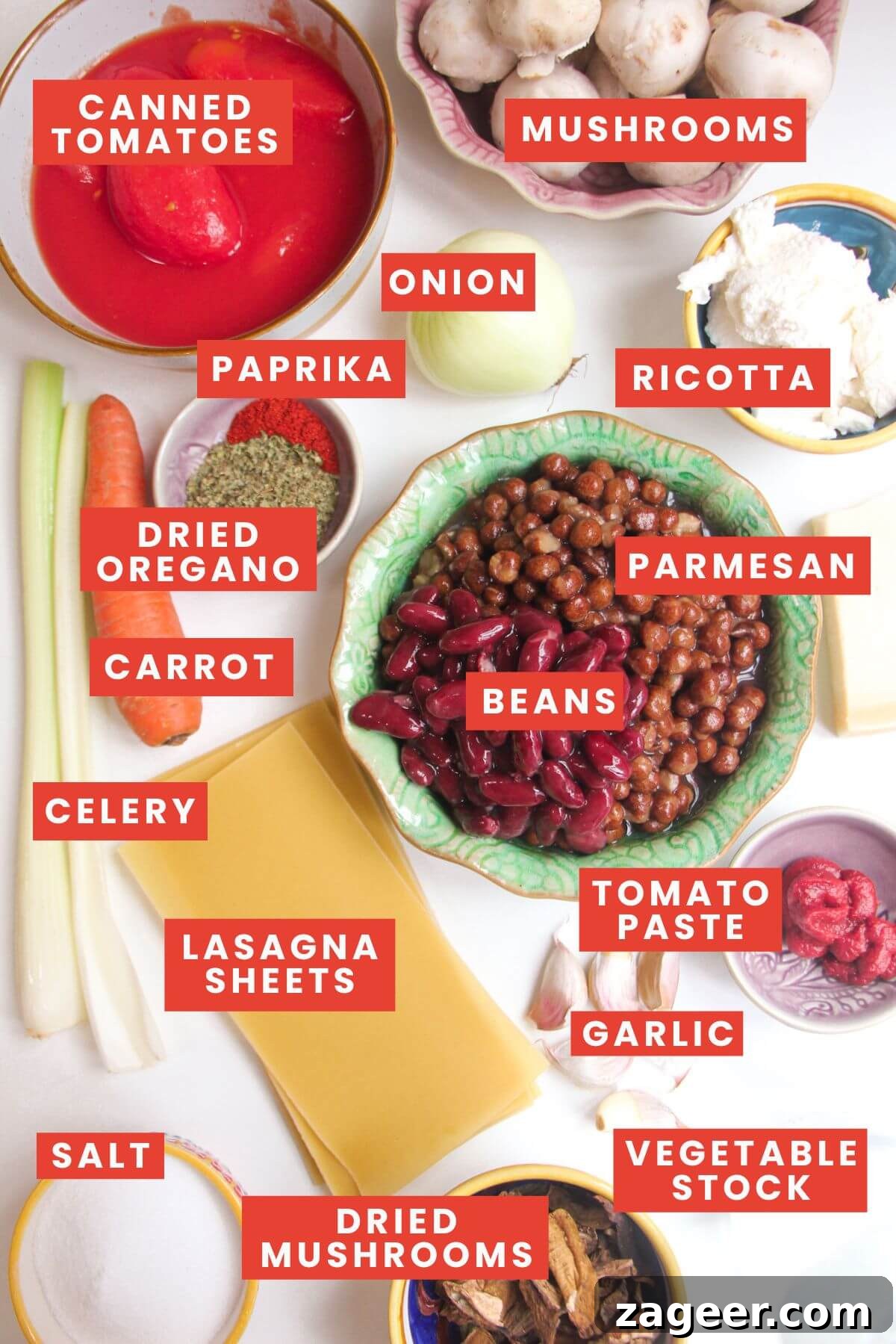 Stealthy Veggie One Pot Lasagna Soup 3 A selection of fresh and canned ingredients for vegetarian lasagna soup, neatly arranged and ready for cooking.