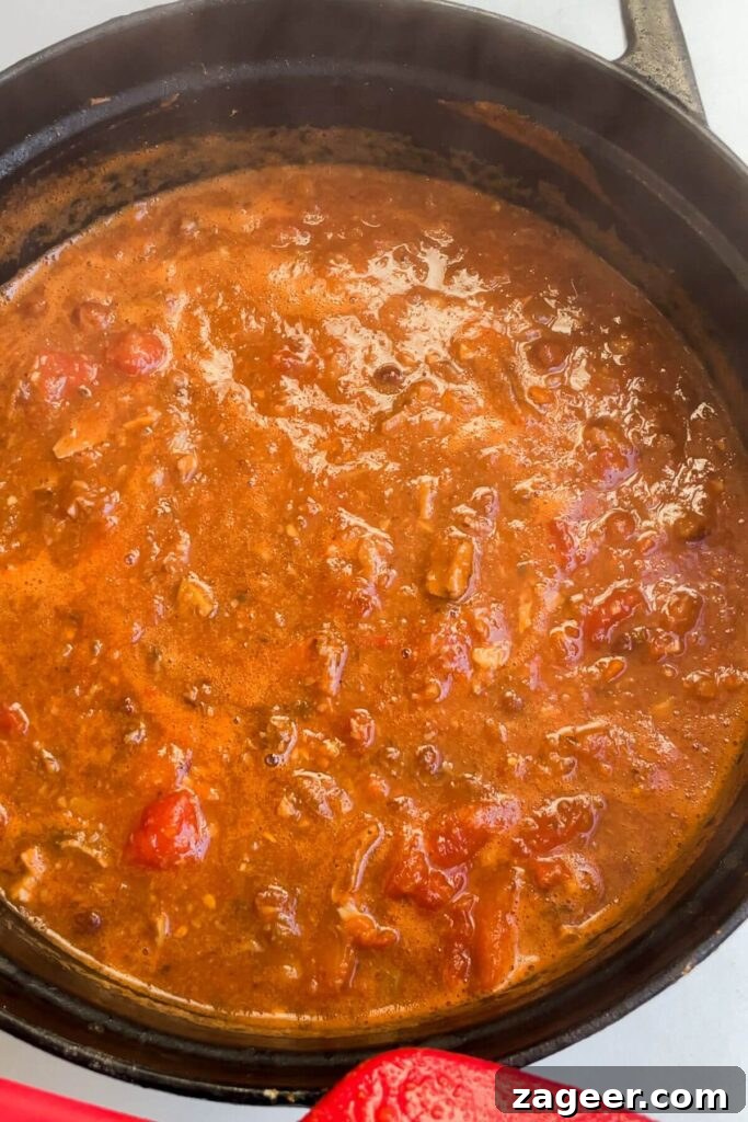 Stealthy Veggie One Pot Lasagna Soup 6 Lasagna soup thickened in a large pot, ready for the pasta.