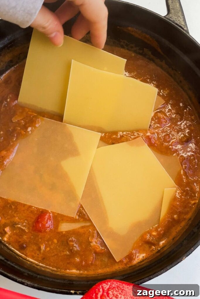 Stealthy Veggie One Pot Lasagna Soup 7 Lasagna sheets added to soup in a large pot, broken into smaller pieces.