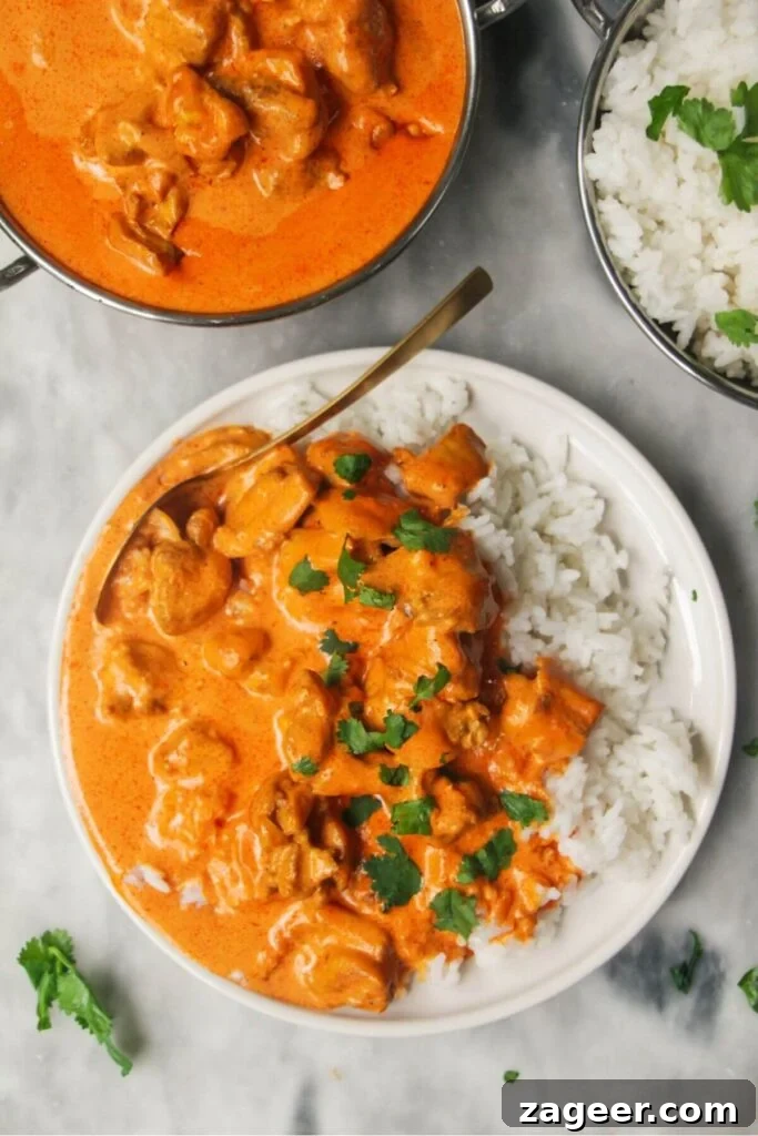 White plate with rice and butter chicken with bowl of butter chicken in the background and garlic naan.