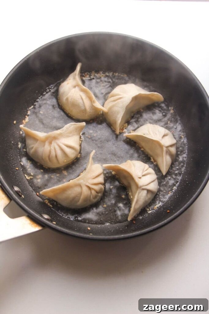 Six dumplings in a small pan..