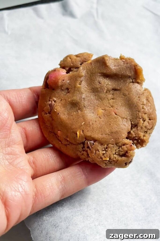 A hand holding a flattened piece of cookie dough, ready to be stuffed.