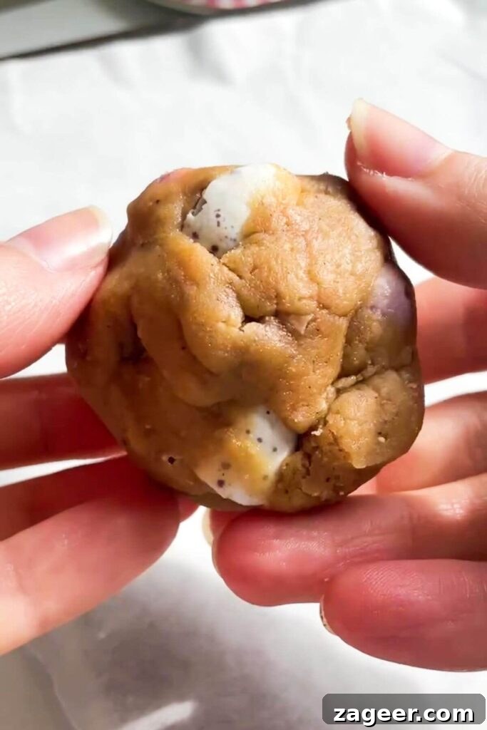 Hands gently rolling a cookie dough ball with a hidden mini egg inside, ensuring a smooth, sealed finish.