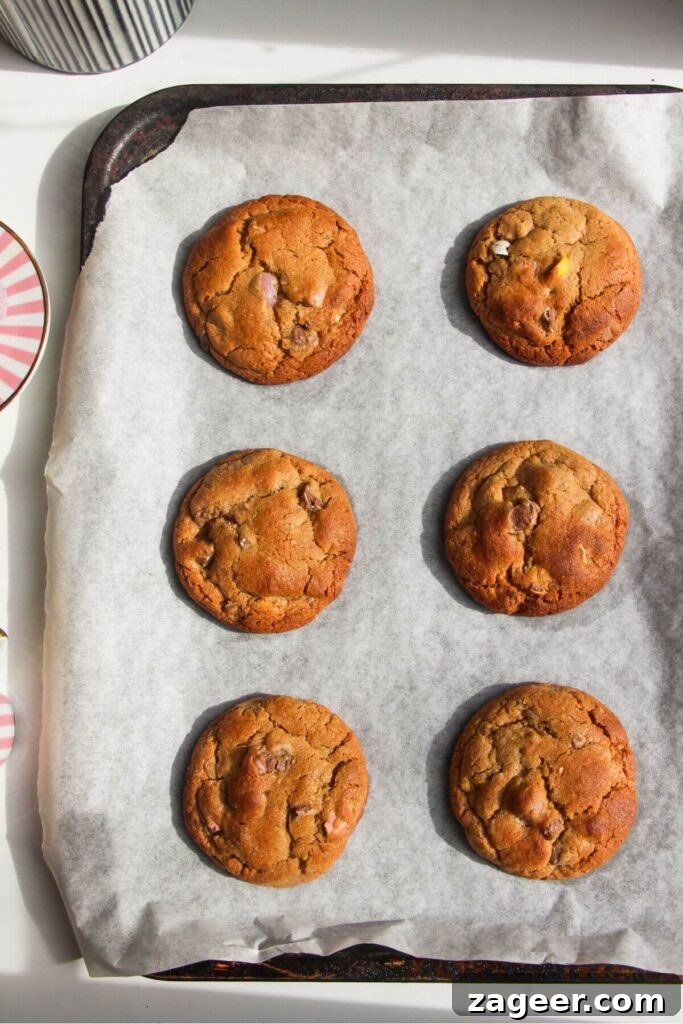 Six freshly baked mini egg cookies, golden brown around the edges and still warm on a baking paper lined baking tray.