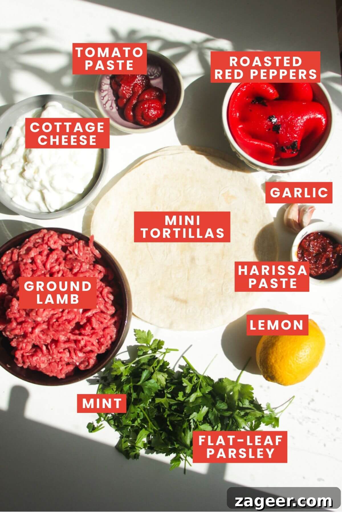Effortless Lahmacun Smash Tacos 3 Key ingredients for Lahmacun Smash Tacos meticulously arranged and clearly labelled on a rustic surface.
