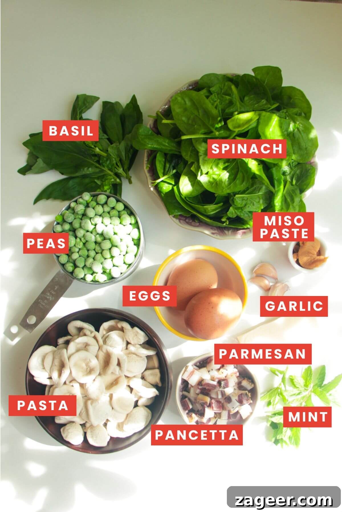 Silky Pancetta, Pea, and Spinach Pasta 3 All the fresh ingredients for pea pancetta carbonara laid out neatly and labelled, including pancetta, peas, spinach, eggs, and parmesan.