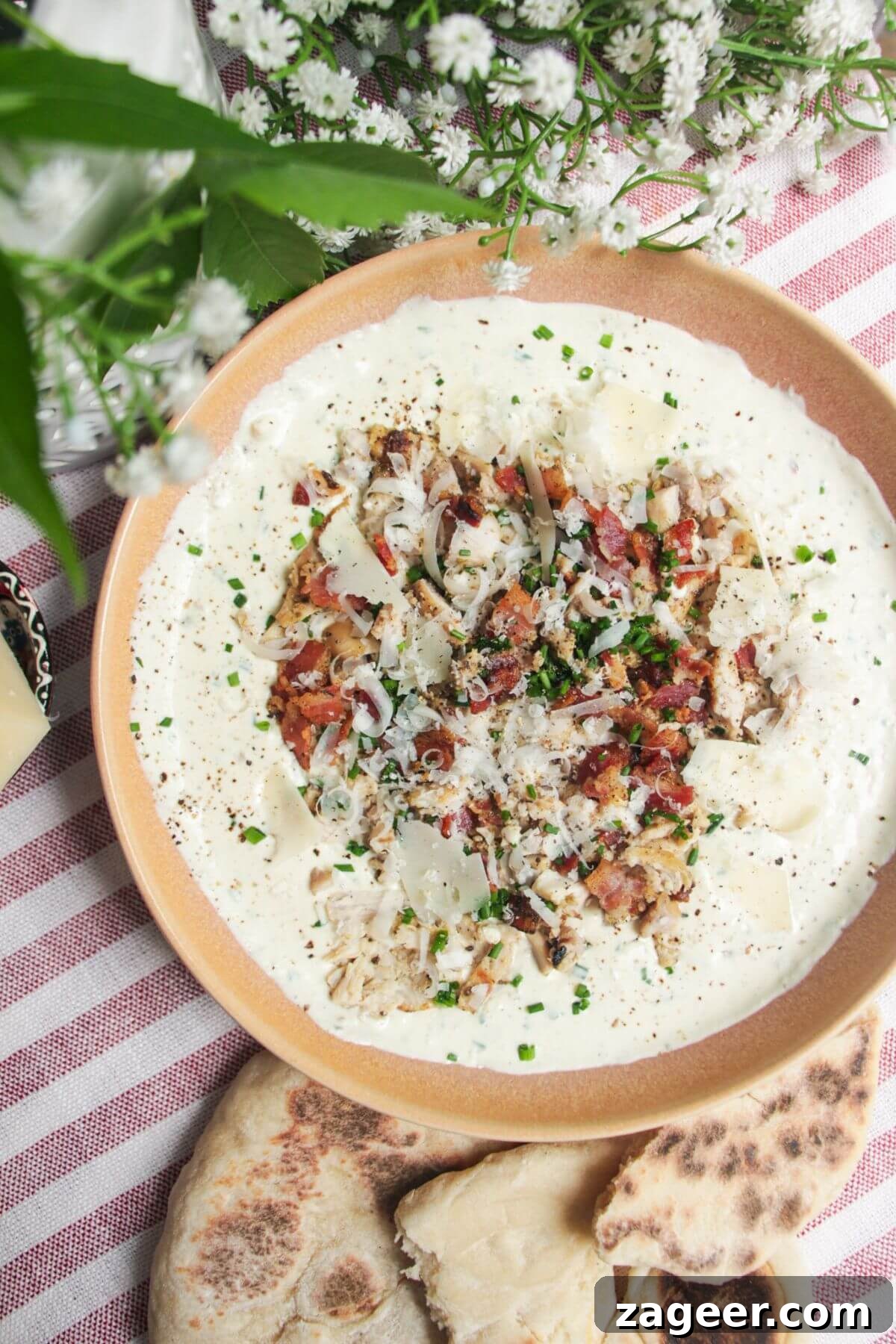 Decadent Chicken Caesar Party Dip 2 Creamy Chicken Caesar dip mixed and topped generously with extra chicken and bacon pieces.