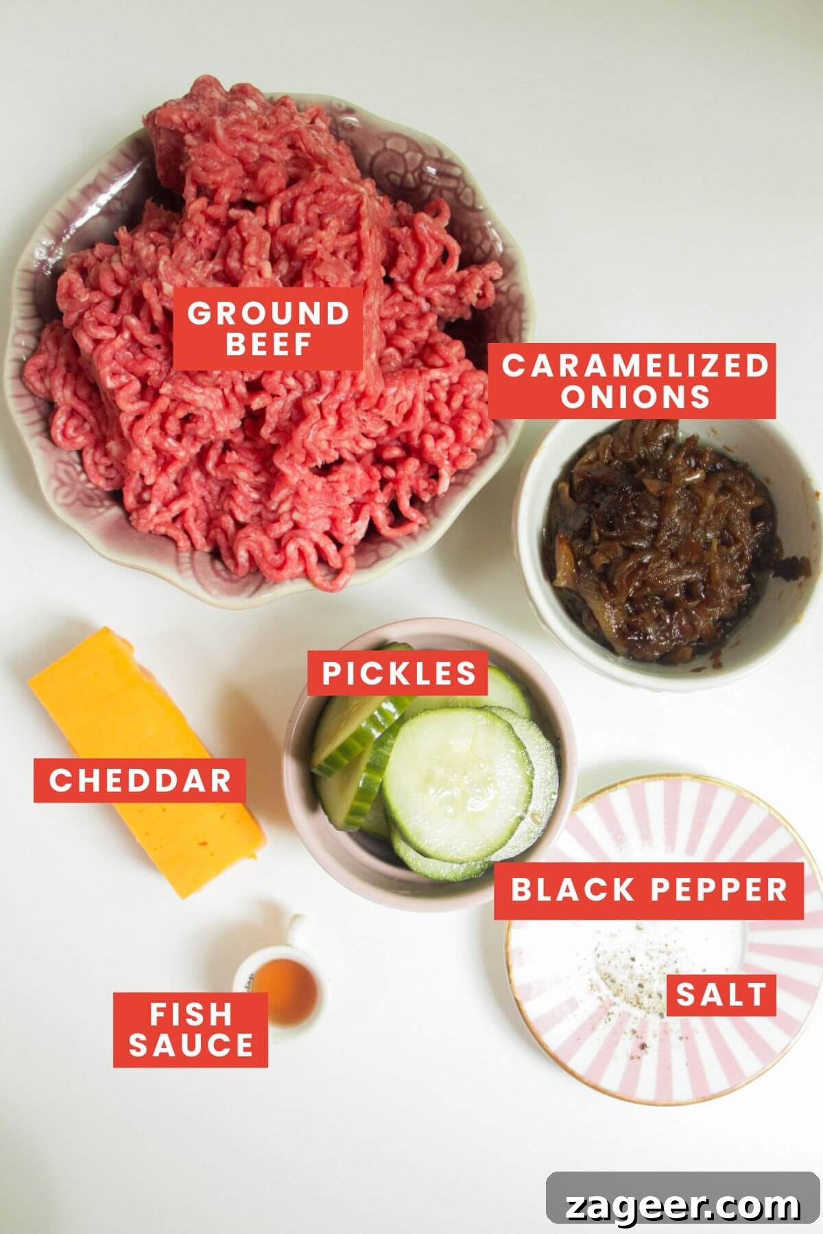 Smashed Cheeseburger Tacos 3 A vibrant flat lay of all ingredients required for cheeseburger tacos, neatly arranged and labeled on a rustic wooden surface, showcasing fresh produce and pantry staples.
