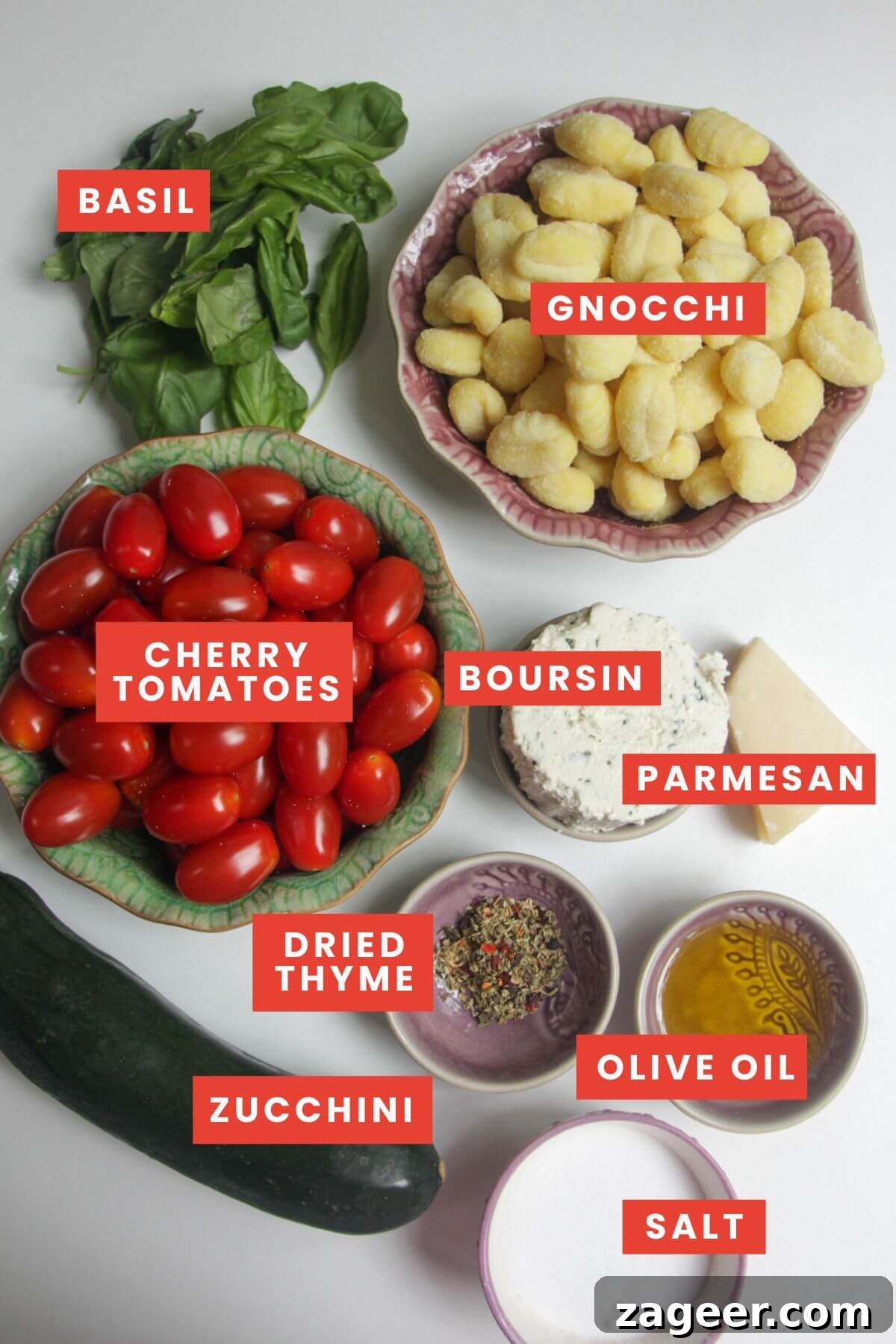 One Pan Creamy Boursin Gnocchi Bake 3 Ingredients for baked Boursin gnocchi laid out and labelled on a counter.