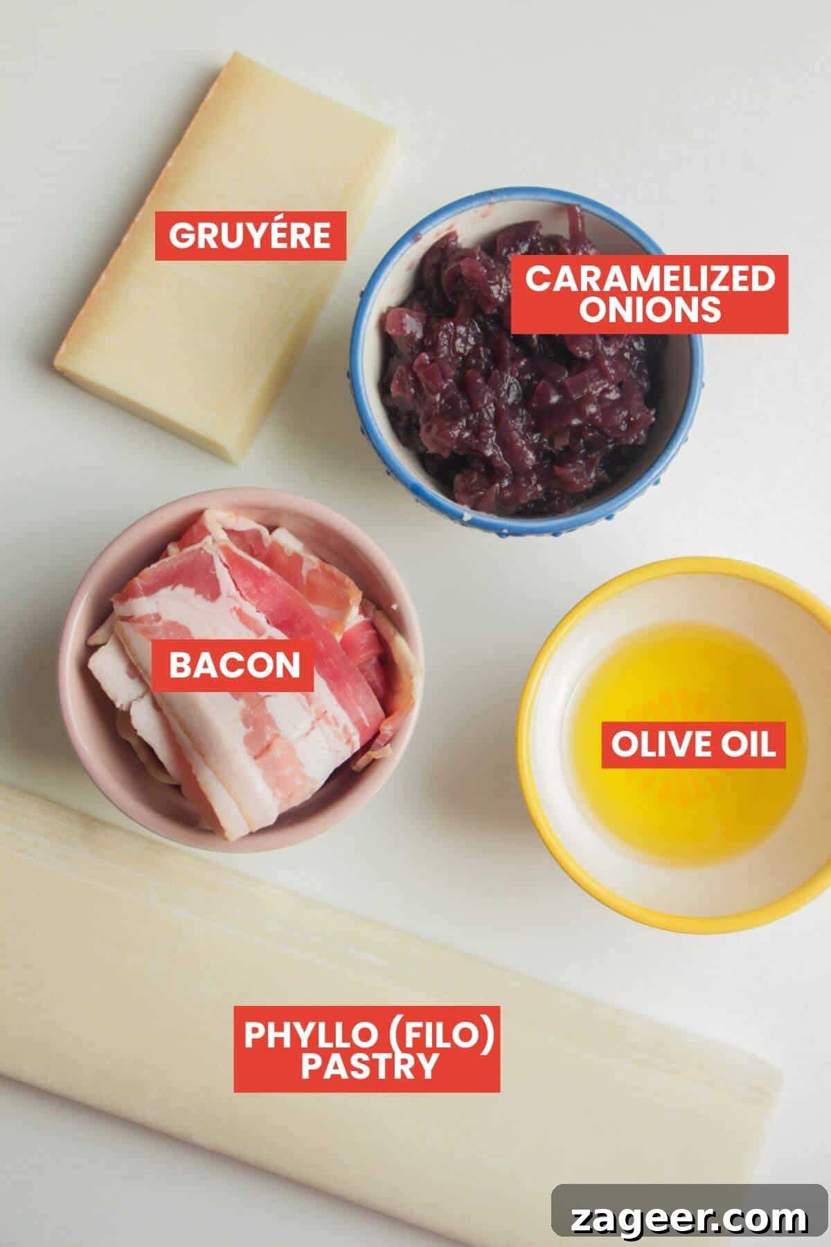 Sweet and Savory Bacon Gruyère Phyllo Tartlets 3 Ingredients for caramelized onion cups laid out and labelled, including onions, bacon, Gruyère, and phyllo pastry.