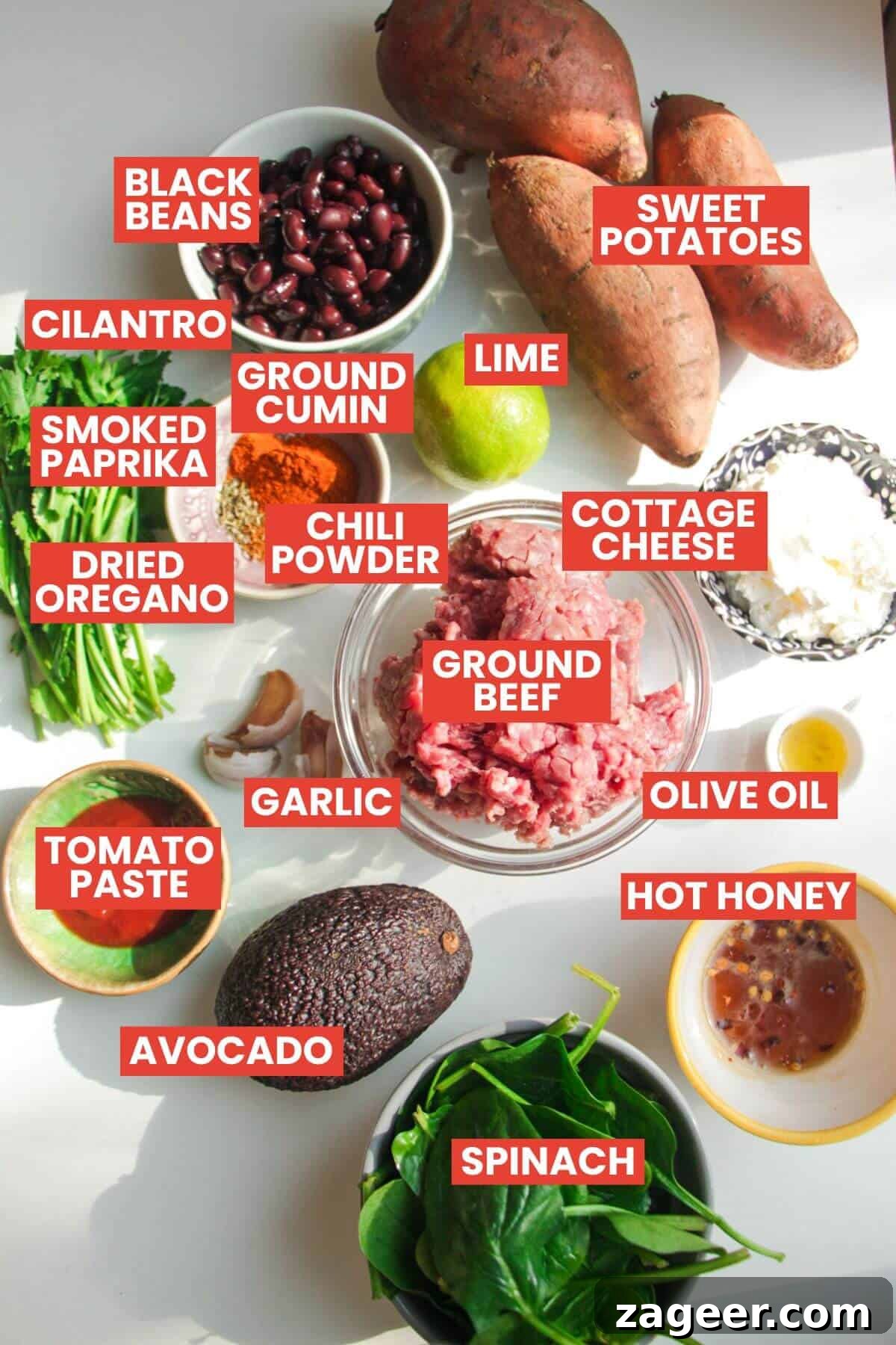Trending Beef Power Bowls with Sweet Potato & Creamy Cottage Cheese 3 Ingredients for protein beef bowls laid out and labelled on a counter.