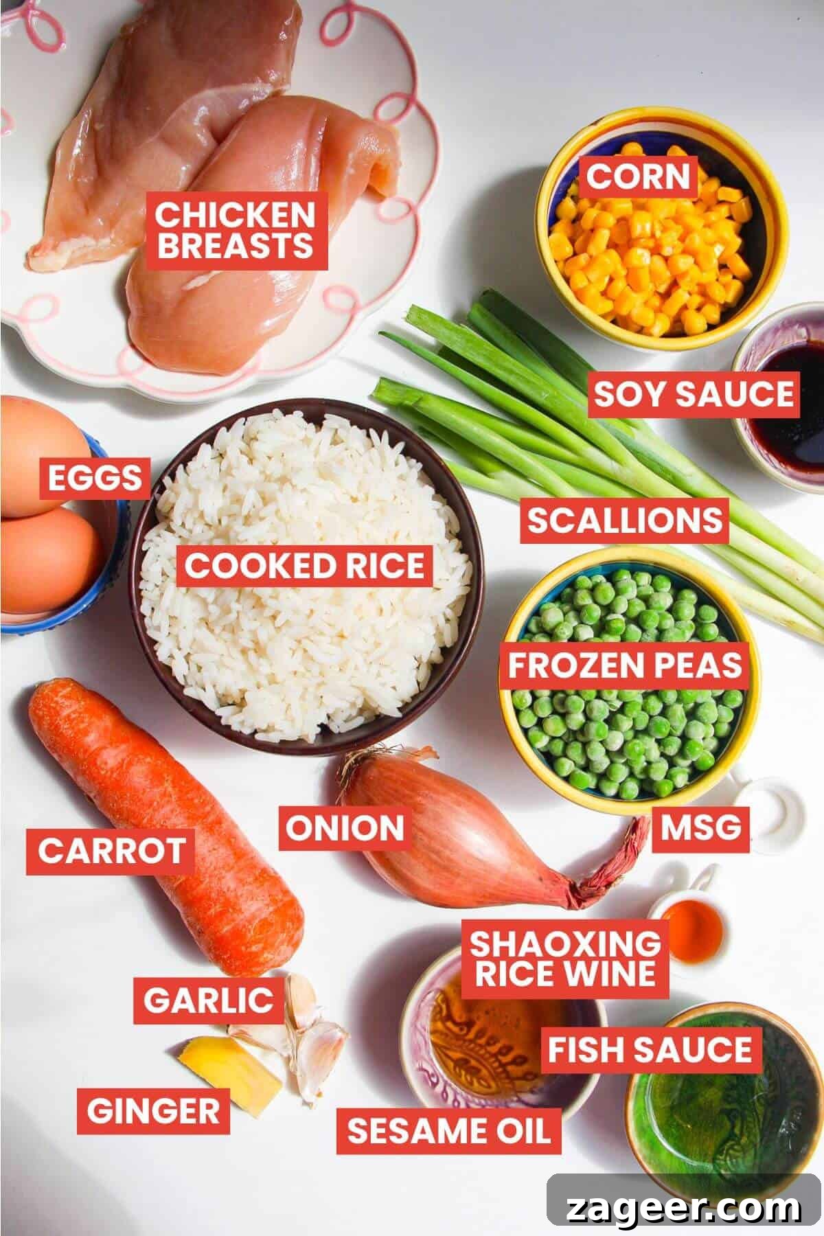 Effortless Air Fryer Chicken Fried Rice 3 All the fresh and pantry ingredients for homemade air fryer chicken fried rice, neatly arranged on a white surface.