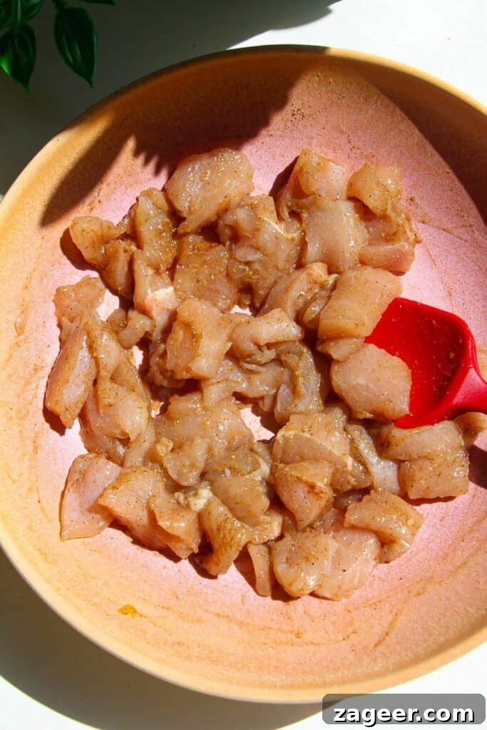 Effortless Air Fryer Chicken Fried Rice 4 Diced raw chicken breast seasoned with Chinese five spice and sesame oil in a small pink bowl, ready for cooking.