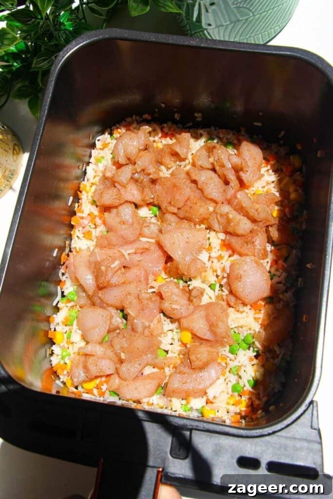 Effortless Air Fryer Chicken Fried Rice 6 Seasoned chicken pieces arranged on top of the mixed rice and vegetables inside an air fryer basket before cooking.