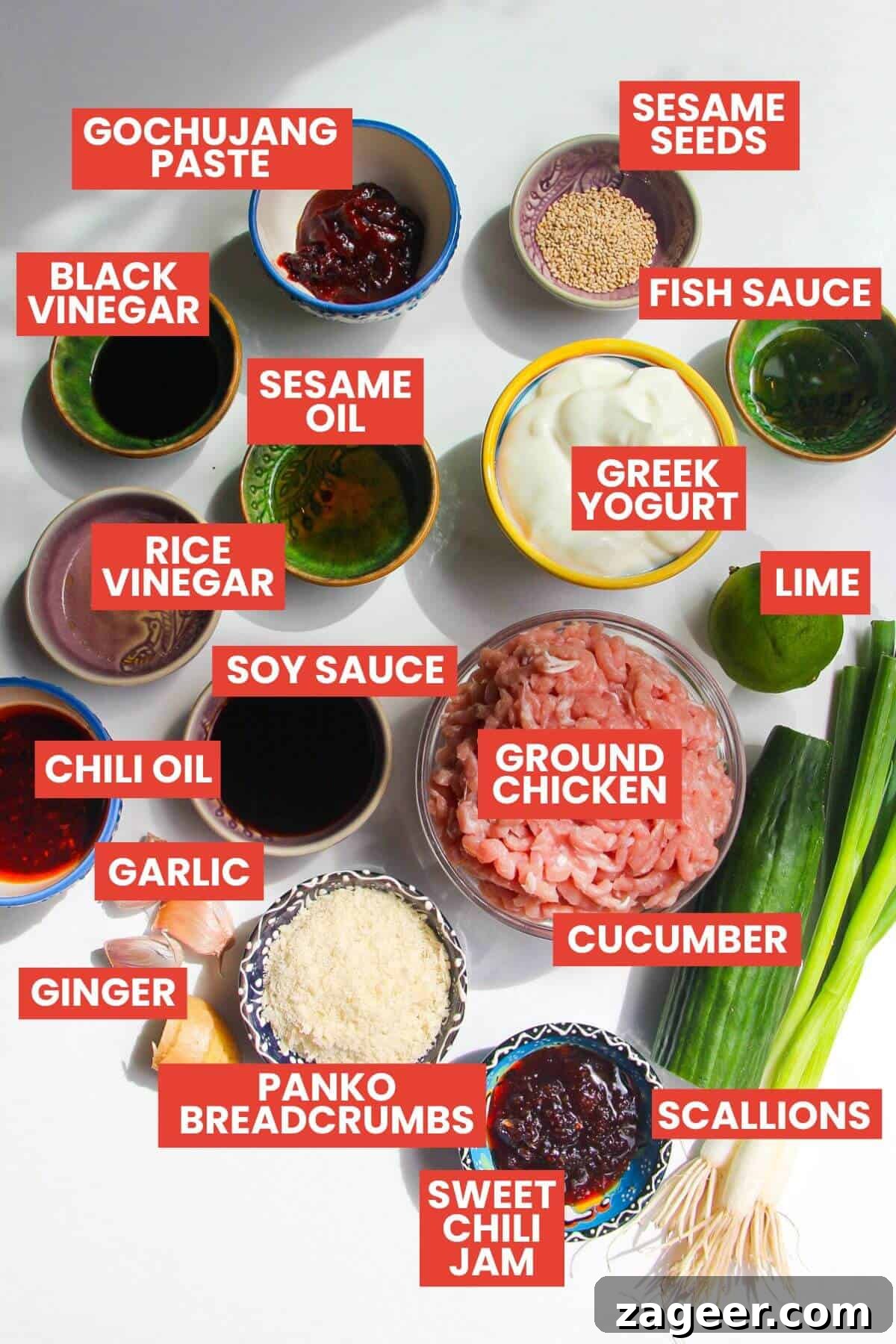 Creamy Gochujang Dumpling Meatballs 3 Ingredients for dumpling meatballs laid out and labelled.