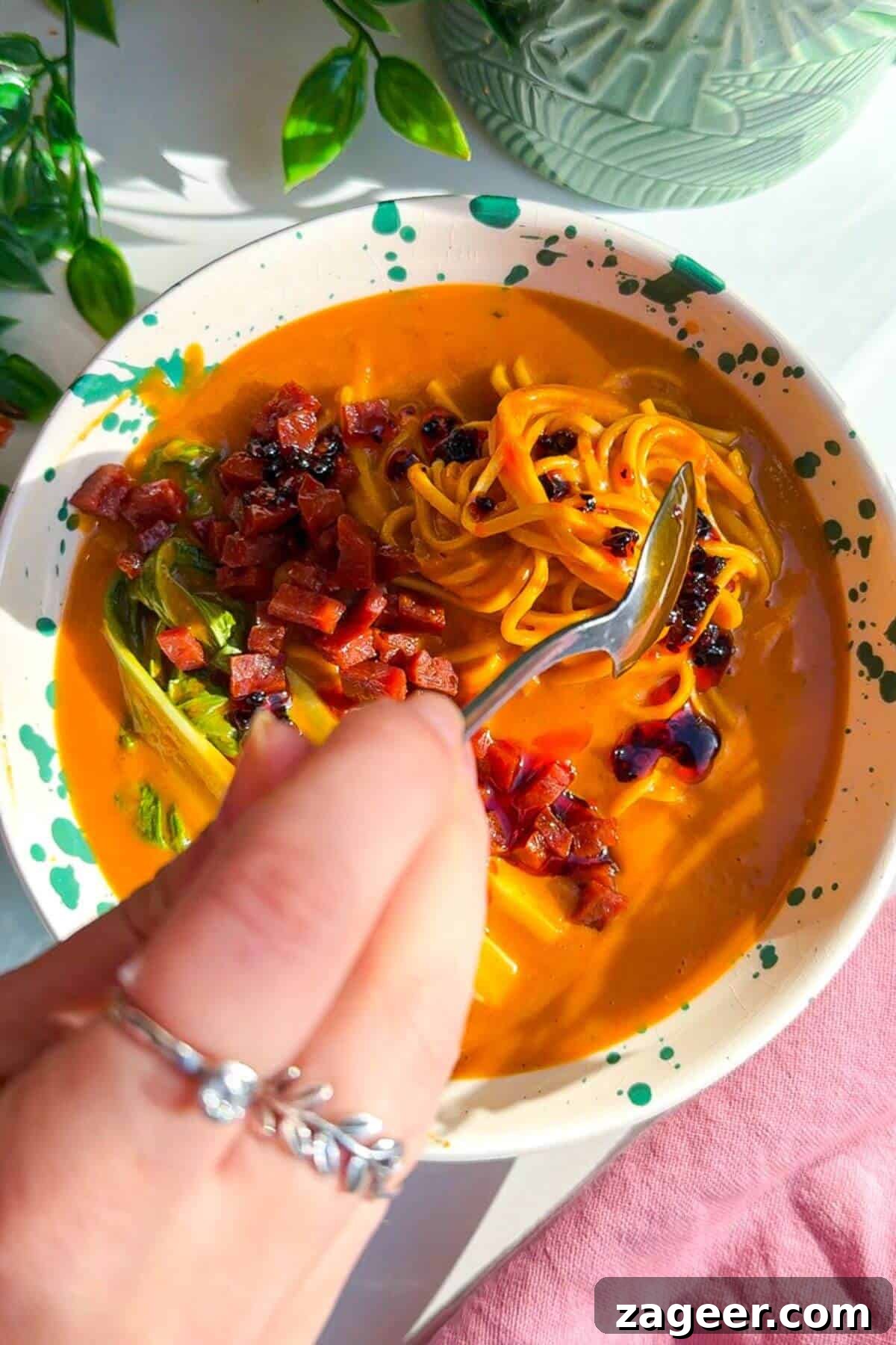 Velvety One-Pot Coconut Butternut Ramen 13 Topping butternut squash noodles with chorizo and chili crisp.