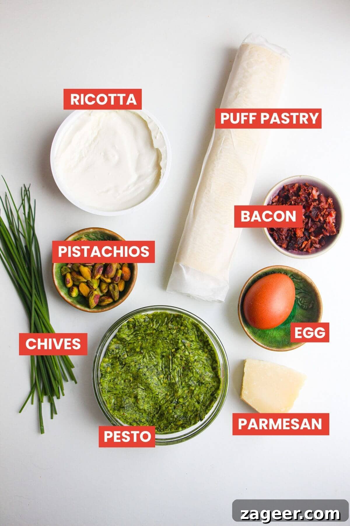 Savory Pesto Ricotta Puff Pastry Bites 3 Ingredients for pesto ricotta bites laid out and labelled.