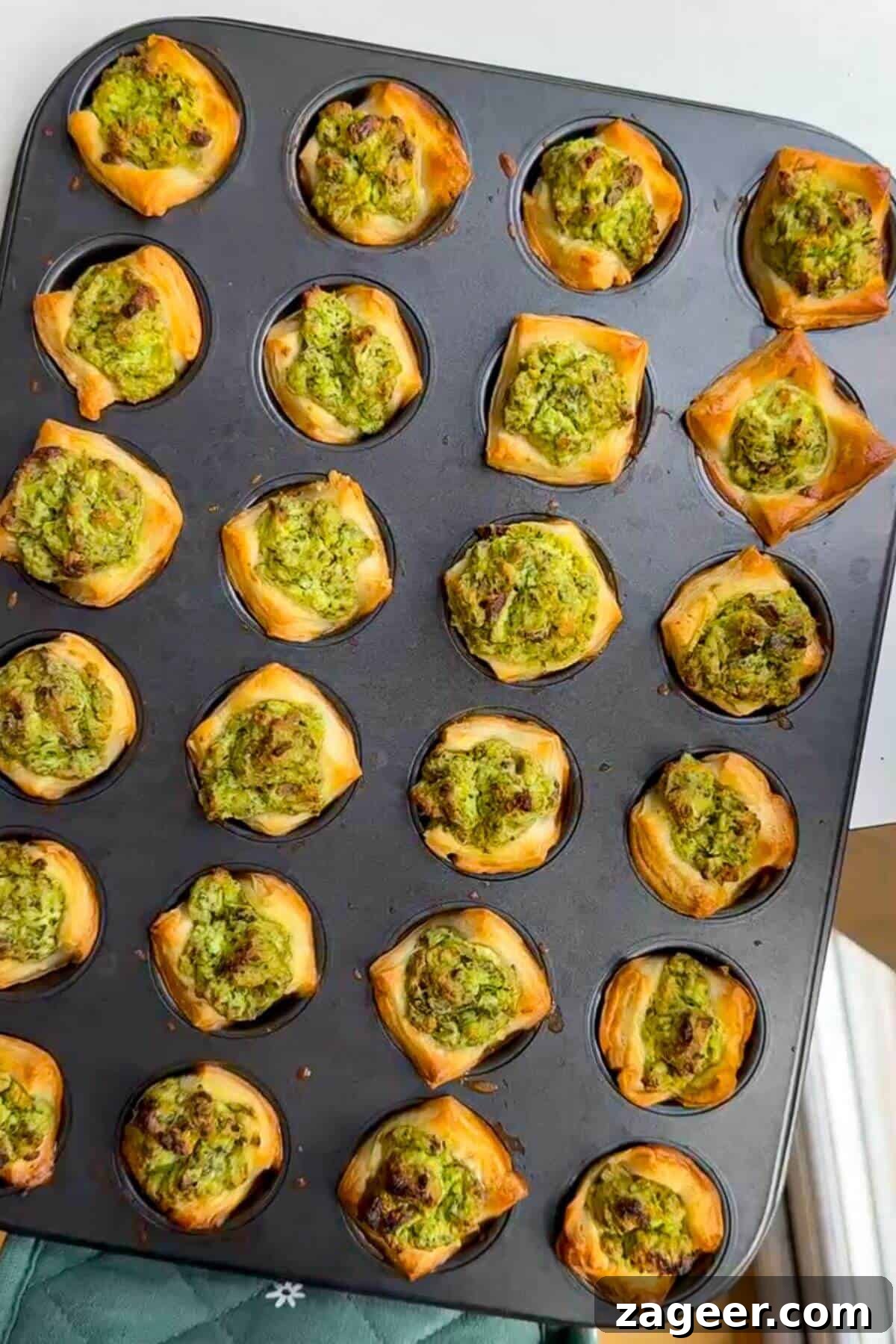 Savory Pesto Ricotta Puff Pastry Bites 8 Pesto ricotta cups baked.