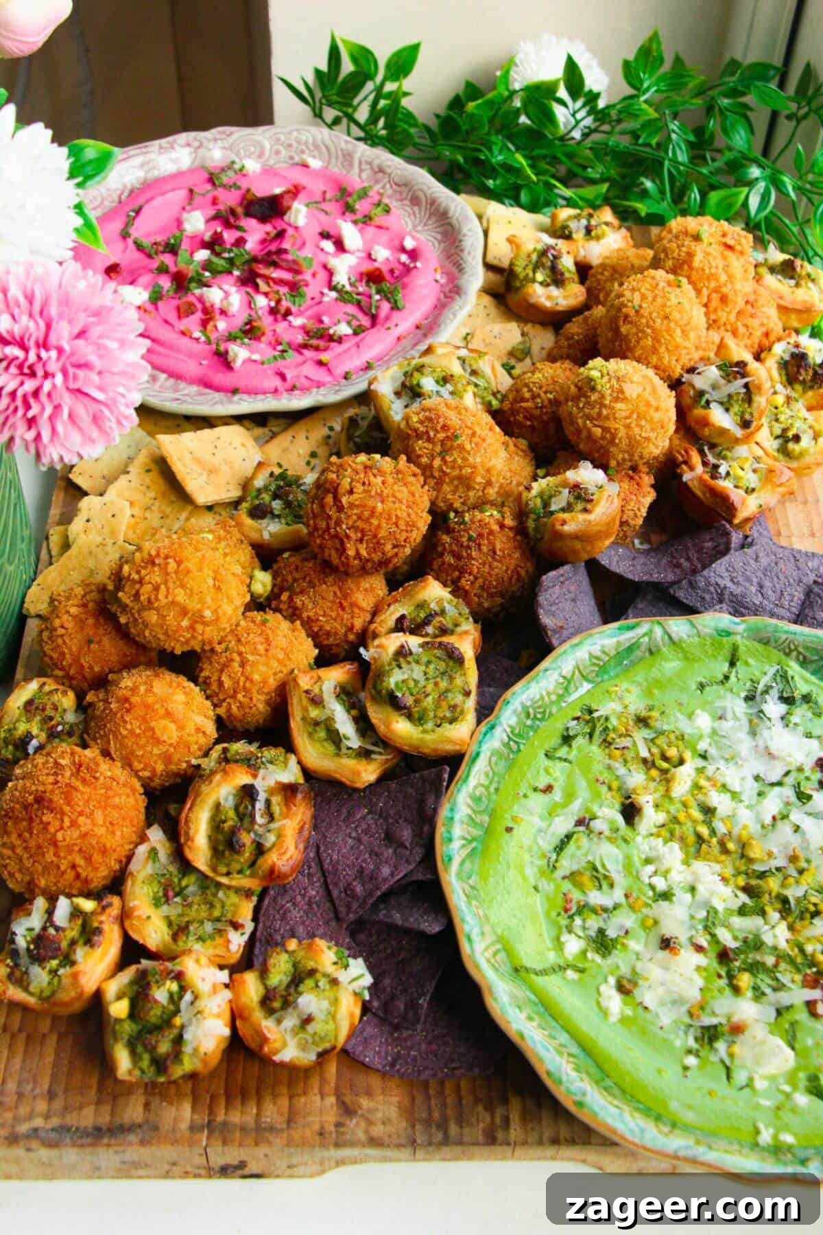 Curating an Unforgettable Themed Grazing Board 3 Close-up of the Wicked themed grazing board, highlighting the colorful dips, golden arancini, and emerald city bites.