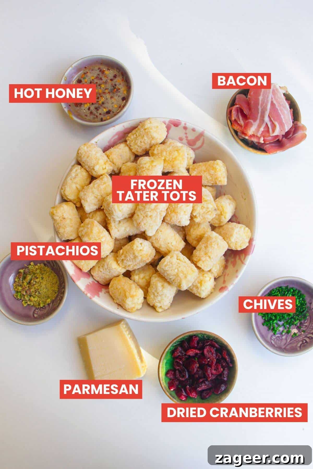Easy Bacon Wrapped Tots Air Fryer Oven 3 Ingredients for bacon wrapped tater tots laid out and labelled.