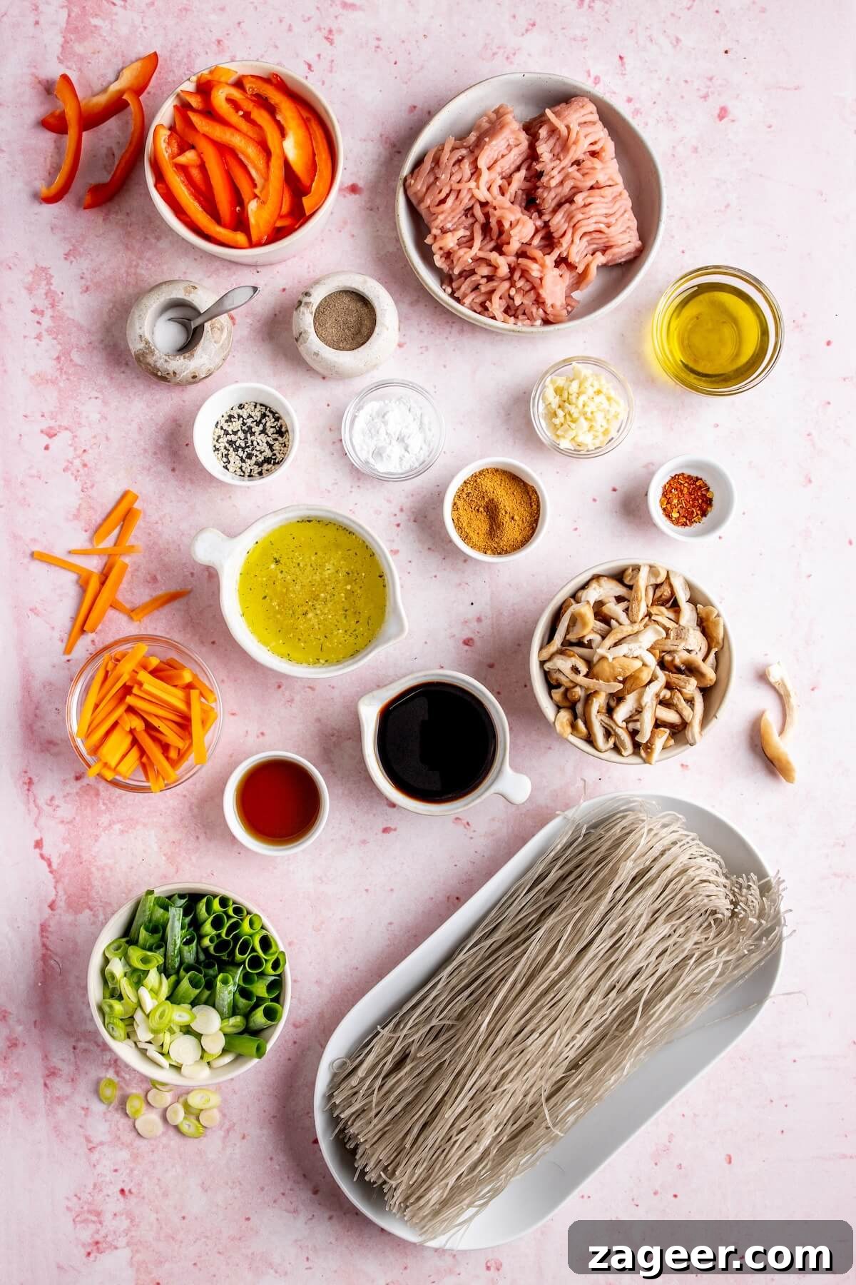 Korean Glass Noodles: A Stir-Fry Sensation 5 Ingredients laid out for Korean Glass Noodle Stir Fry Japchae