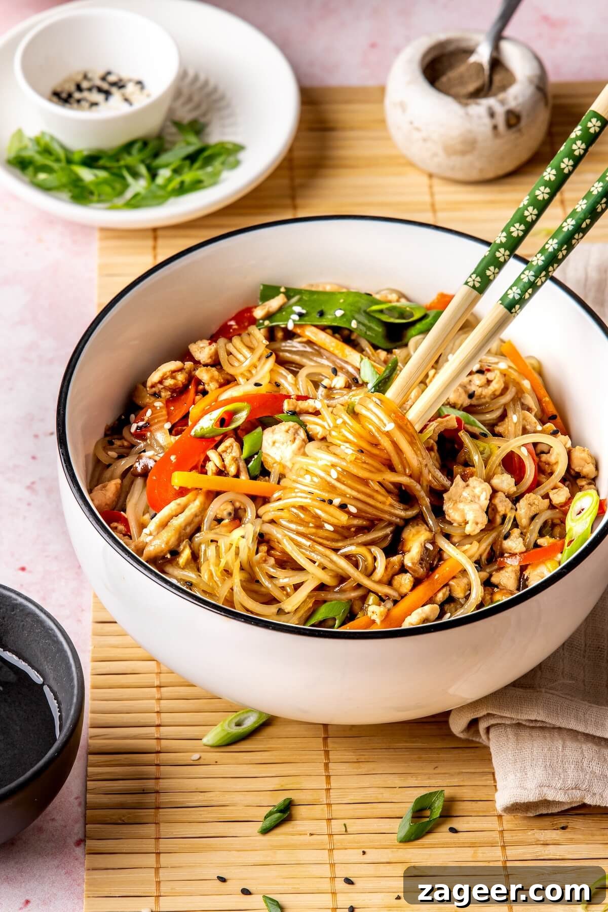 Korean Glass Noodles: A Stir-Fry Sensation 8 Sliced green onions and garlic ready for cooking