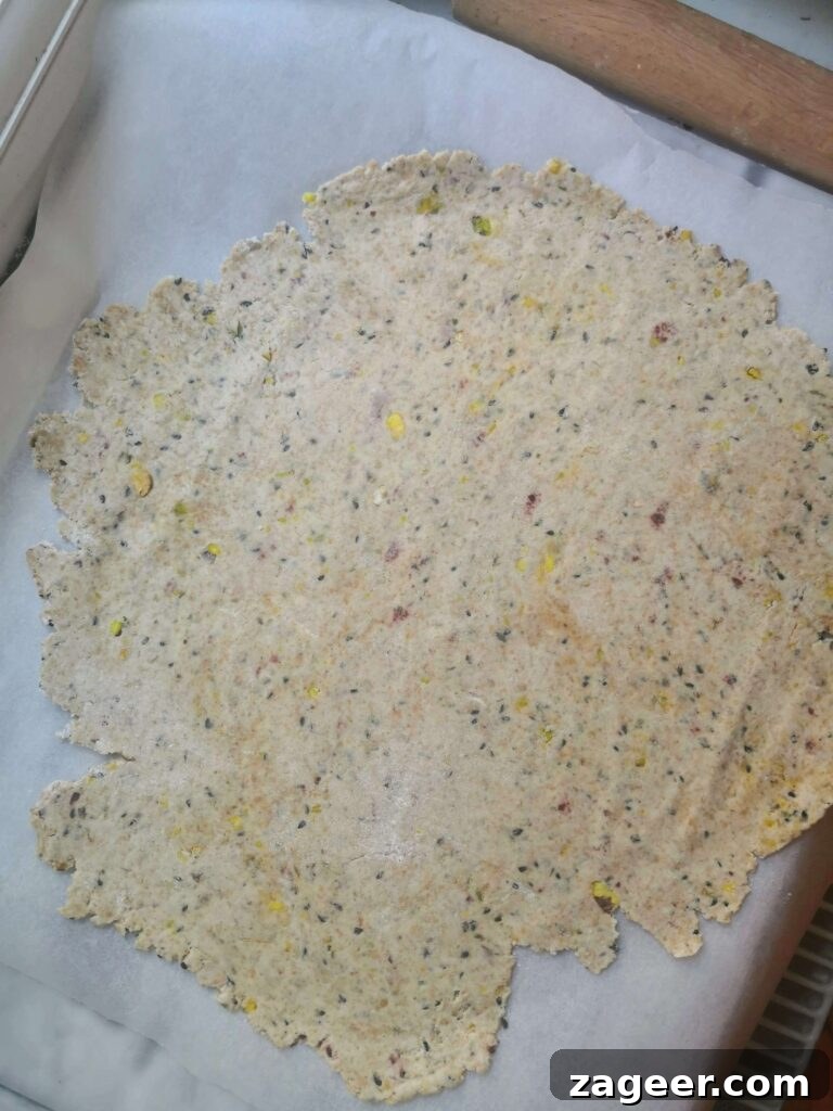 Tangy Sourdough Crisps with Aromatic Dukkah 8 A large sheet of sourdough discard crackers, thinly rolled and ready for baking, perfectly laid out on white baking paper.