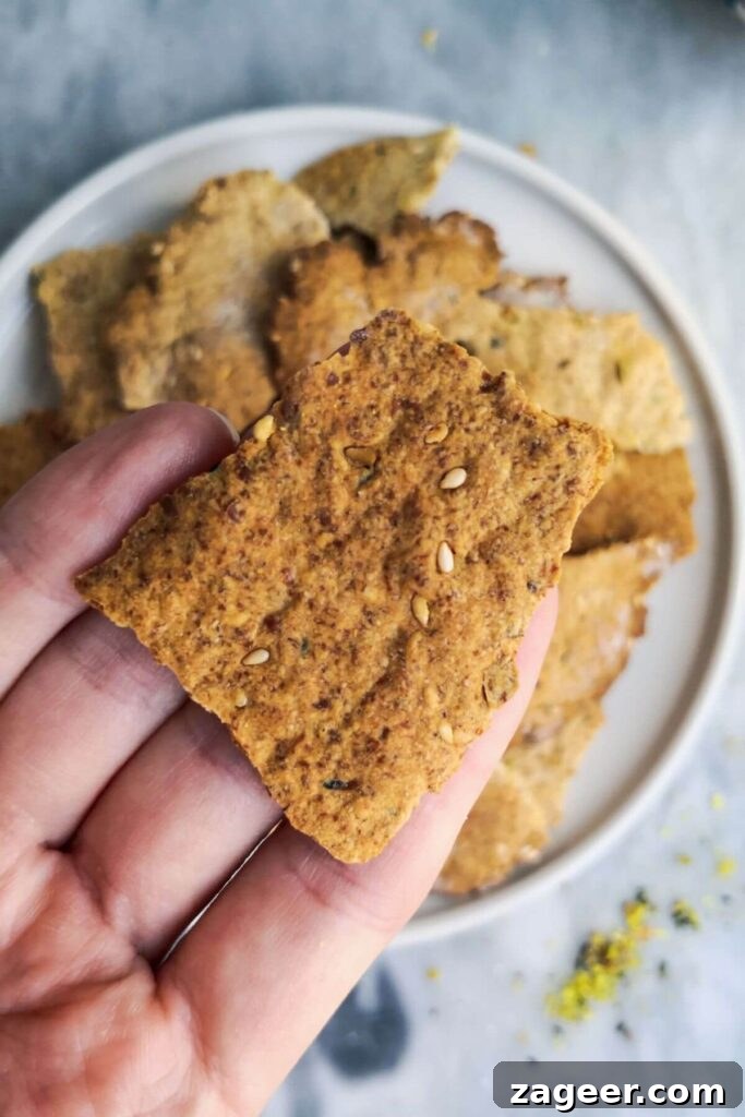 Tangy Sourdough Crisps with Aromatic Dukkah 10 A close-up shot of a perfectly crisp sourdough cracker held in a hand, with a full plate of delicious crackers visible in the soft-focus background.