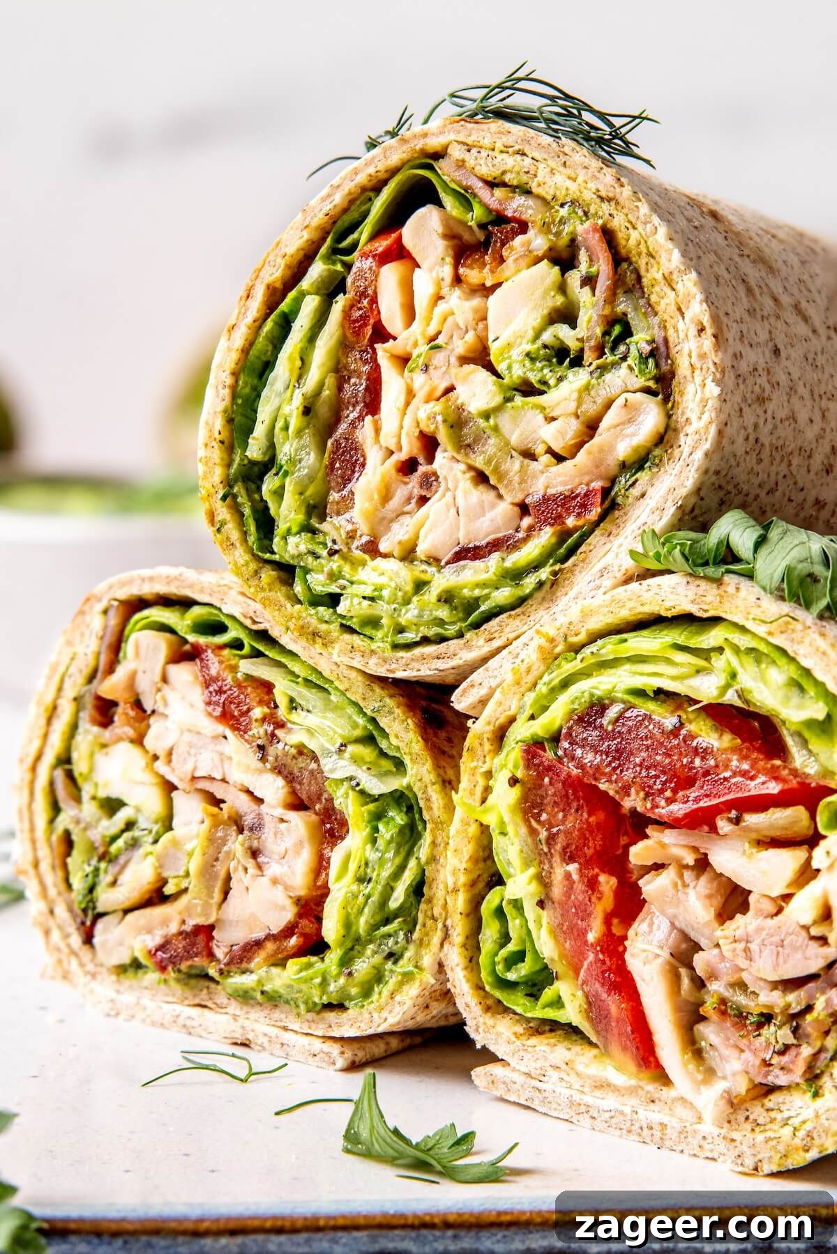 Loaded Green Goddess Chicken Bacon Ranch Wraps 2 Delicious and healthy Chicken Bacon Green Goddess Ranch Wraps, ready to eat