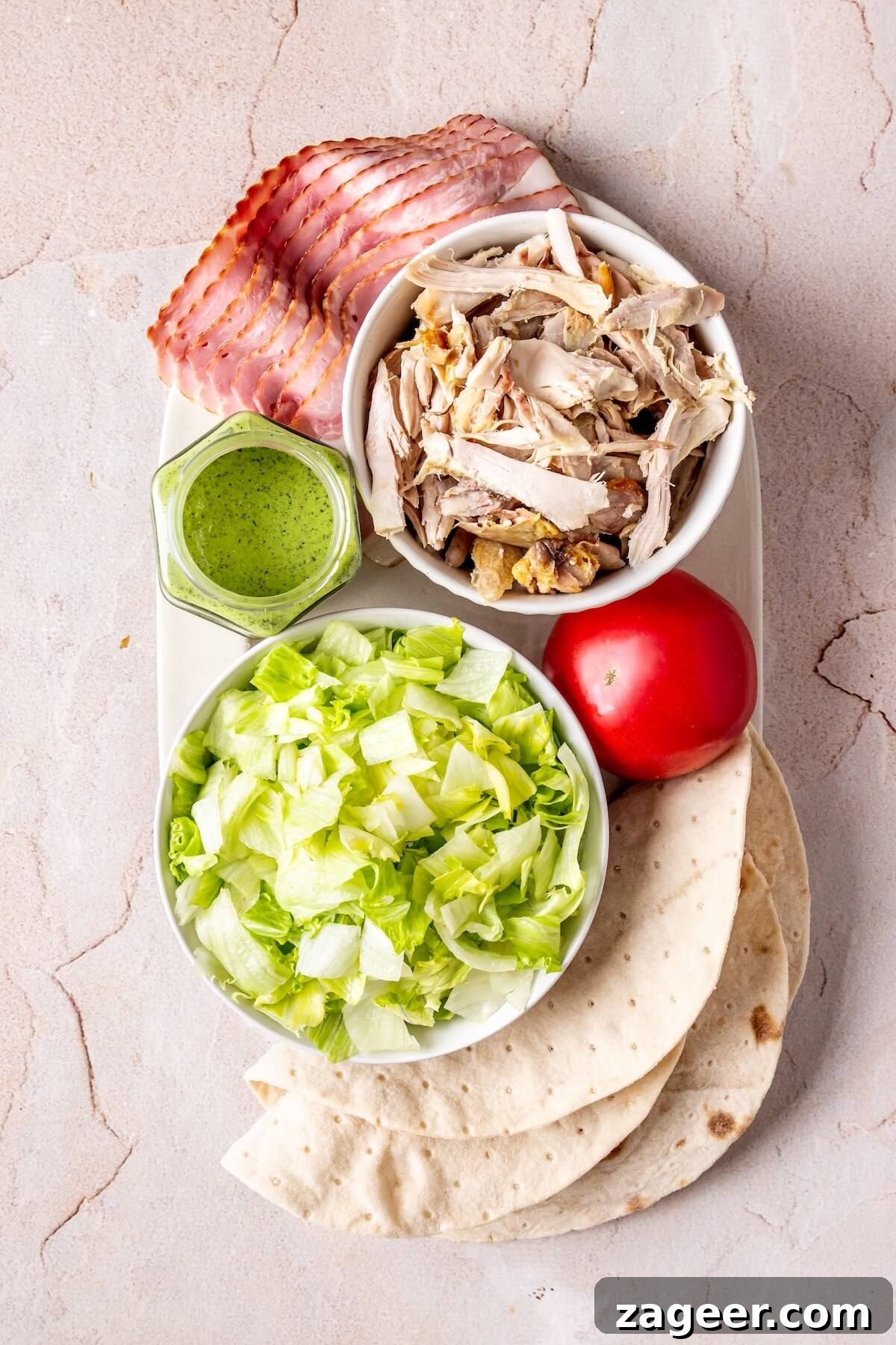Loaded Green Goddess Chicken Bacon Ranch Wraps 6 Fresh ingredients laid out for Chicken Bacon Green Goddess Ranch Wraps