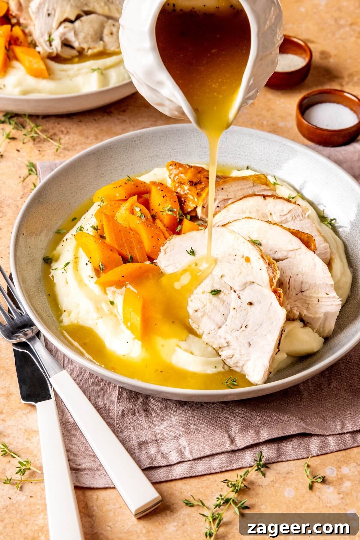 Effortless Oven-Roasted Turkey Breast with Rich Gravy 2 Delicious Oven Roasted Turkey Breast with Gravy, perfectly sliced and ready to serve