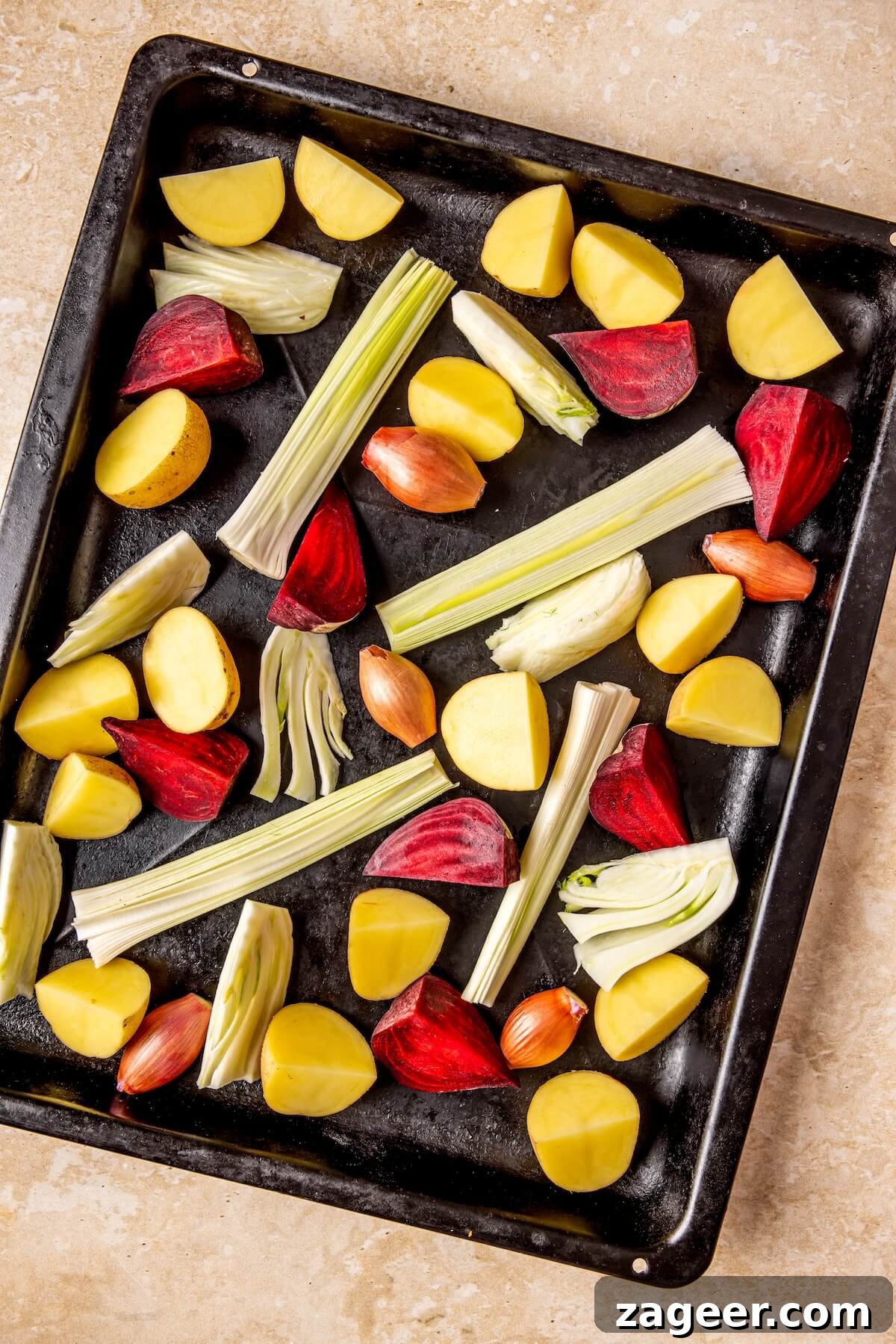 Golden Balsamic Chicken & Root Vegetable Roast 7 How to Make Sheet Pan Balsamic Chicken and Root Vegetables Step 1 - Olivia Adriance