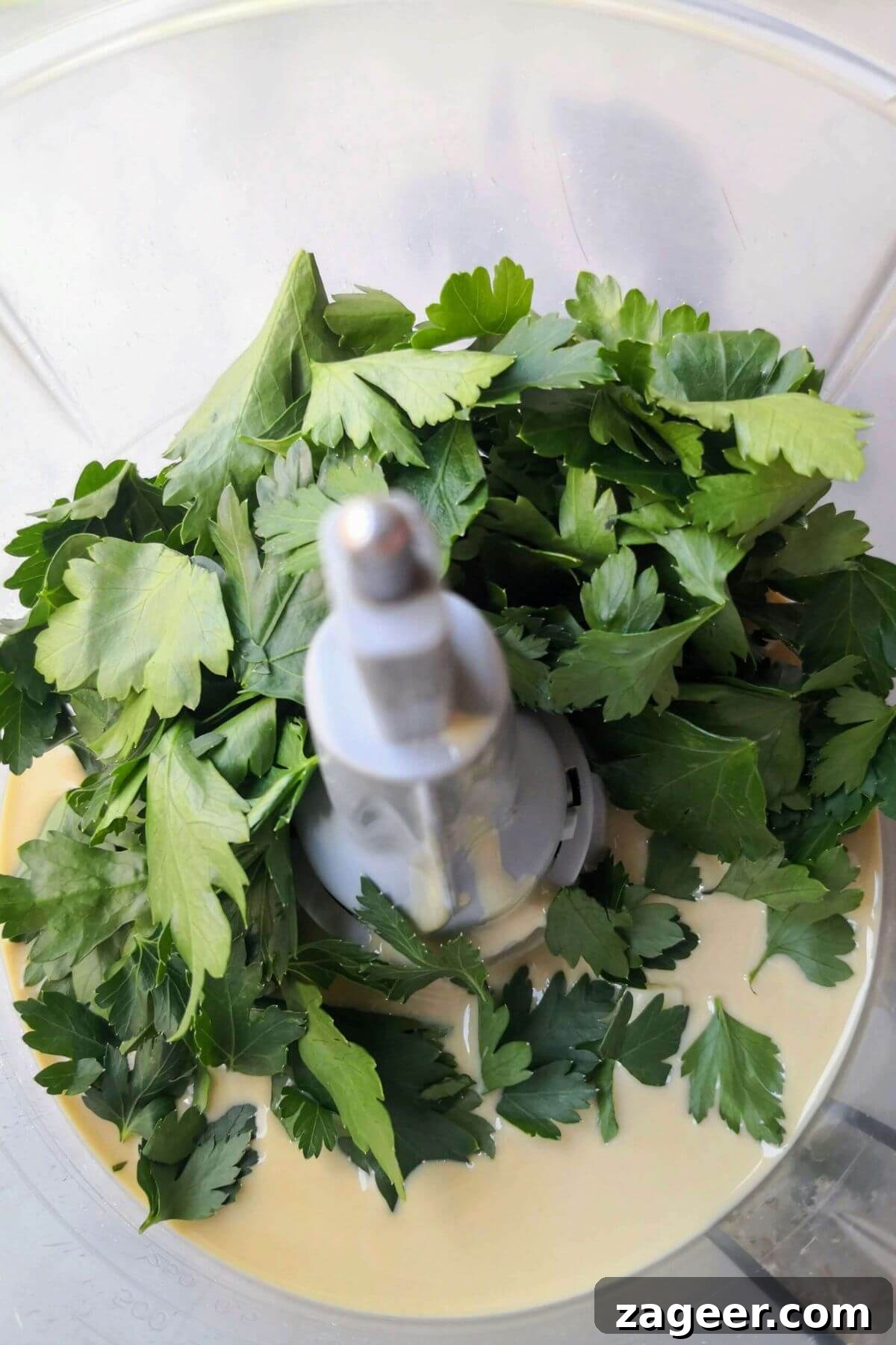 Vibrant 5-Minute Vegan Green Tahini Sauce 4 Parsley, tahini, lemon juice, garlic and salt in the bowl of a food processor.