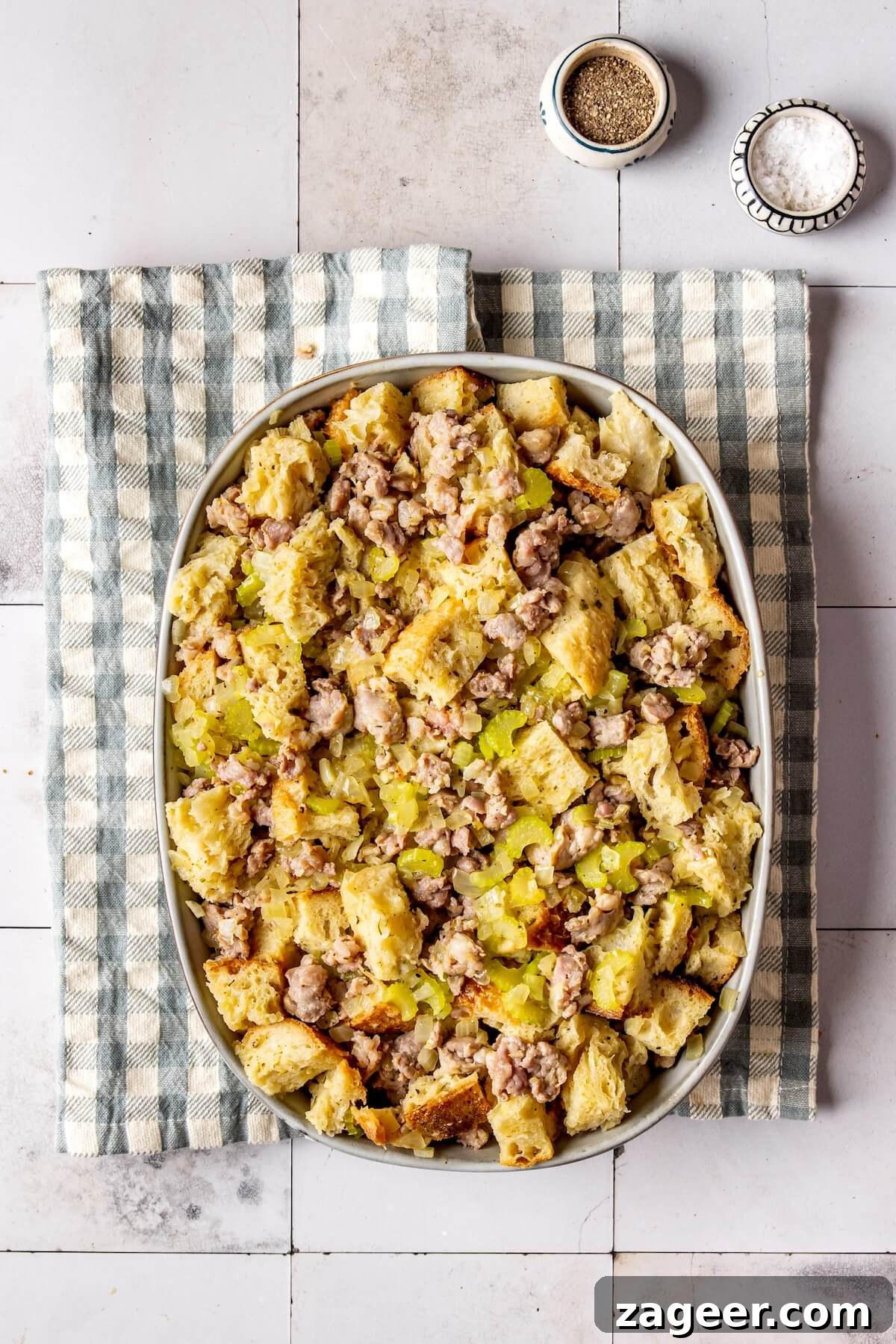 Transferring stuffing mixture to a baking pan