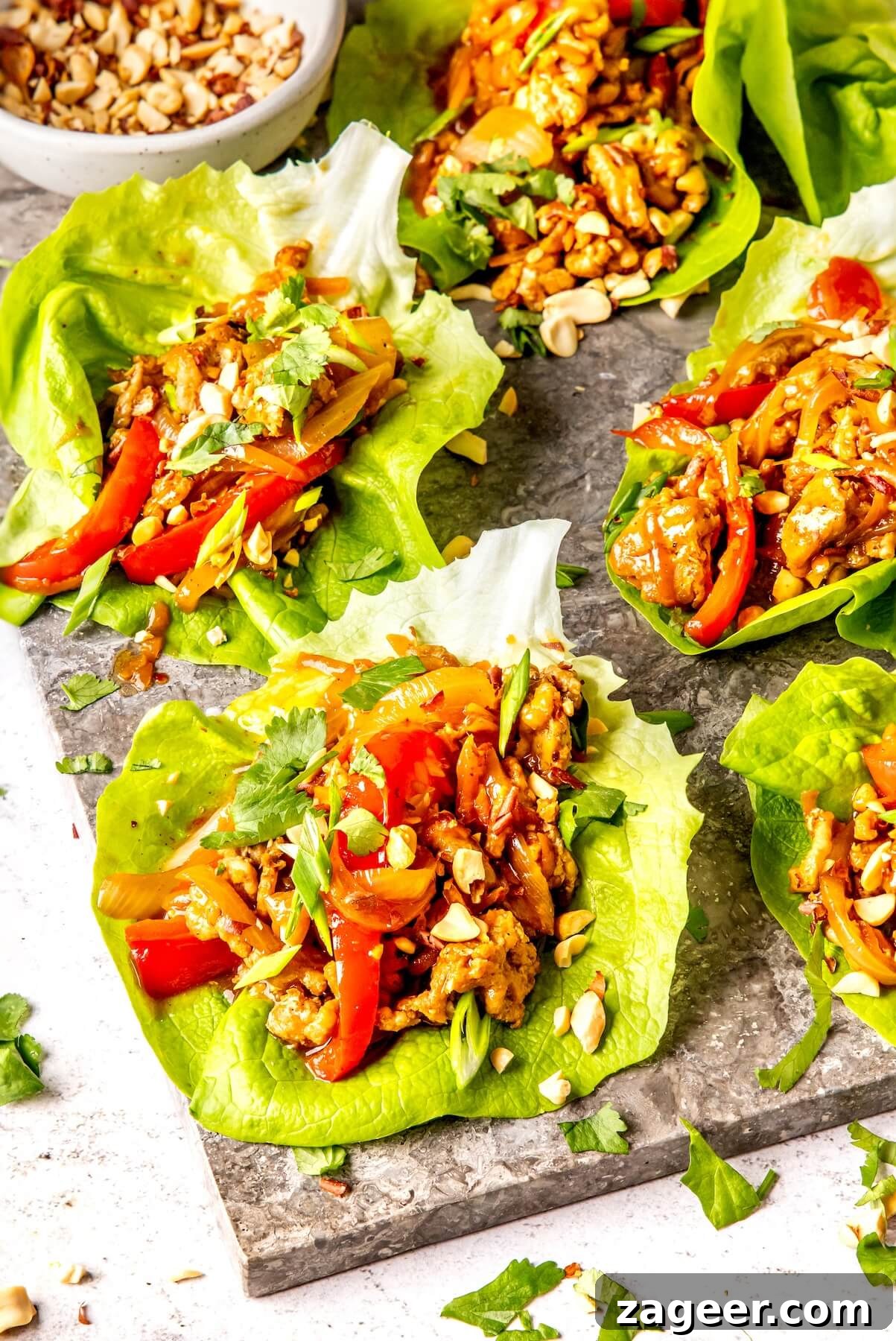 Glazed Sticky Pork Lettuce Wraps 4 Overhead view of Sticky Saucy Pork Lettuce Cups