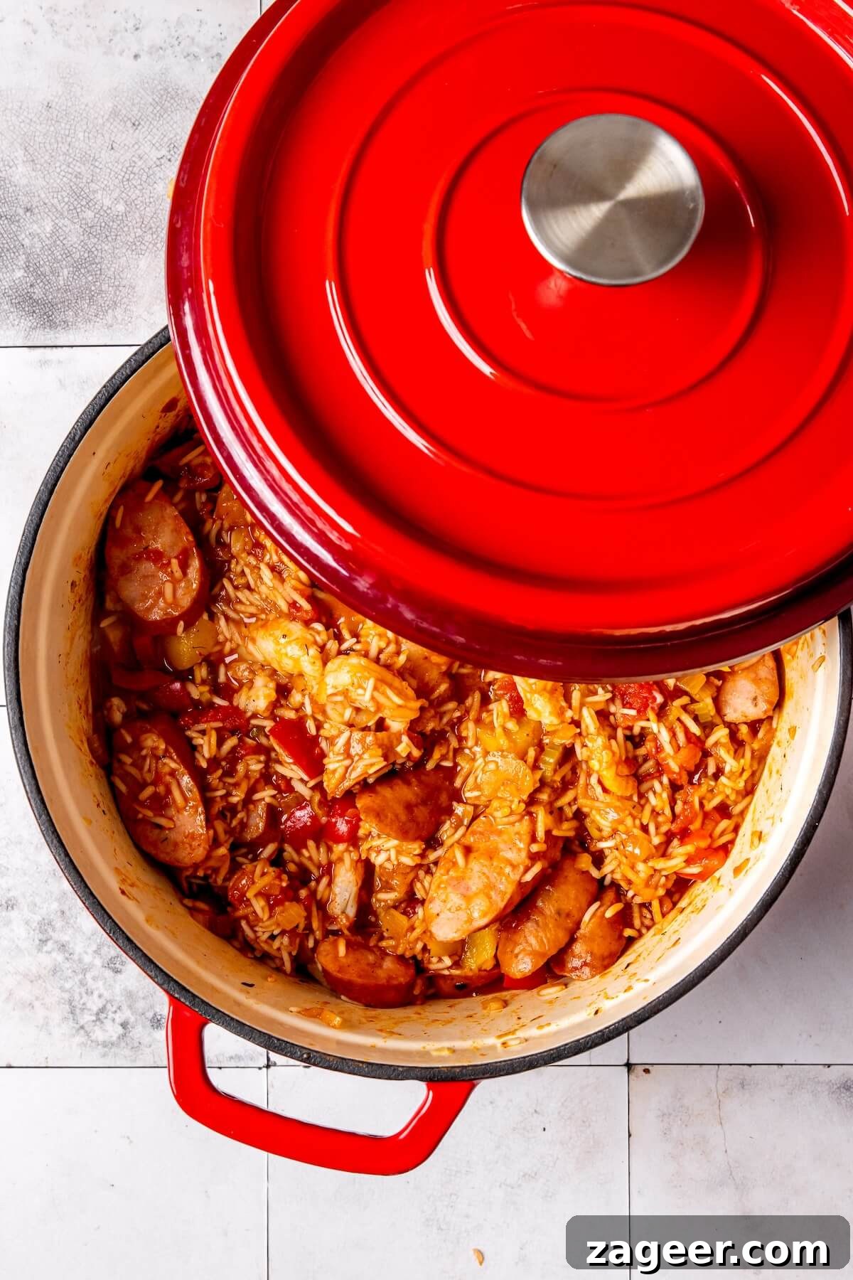 Finished One Pot Cajun Shrimp, Sausage, and Rice, perfectly cooked and ready to serve