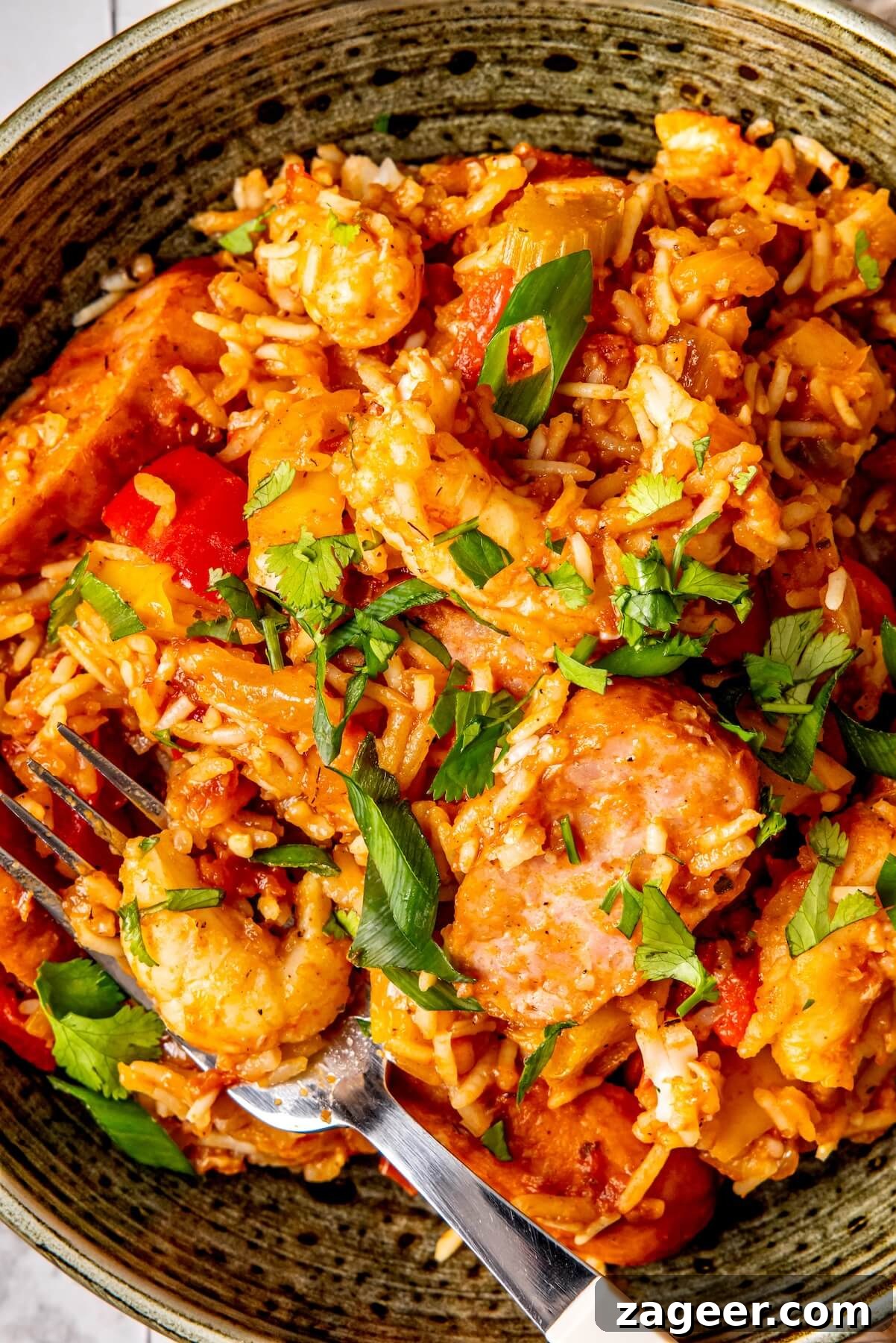Overhead shot of a pot of Cajun Shrimp, Sausage, and Rice, freshly cooked
