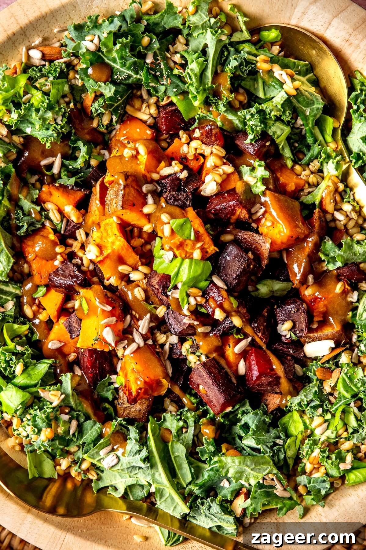 Warm Winter Bounty Salad with Caramelized Shallot Vinaigrette 3 Close-up of roasted sweet potatoes and beets for a winter salad