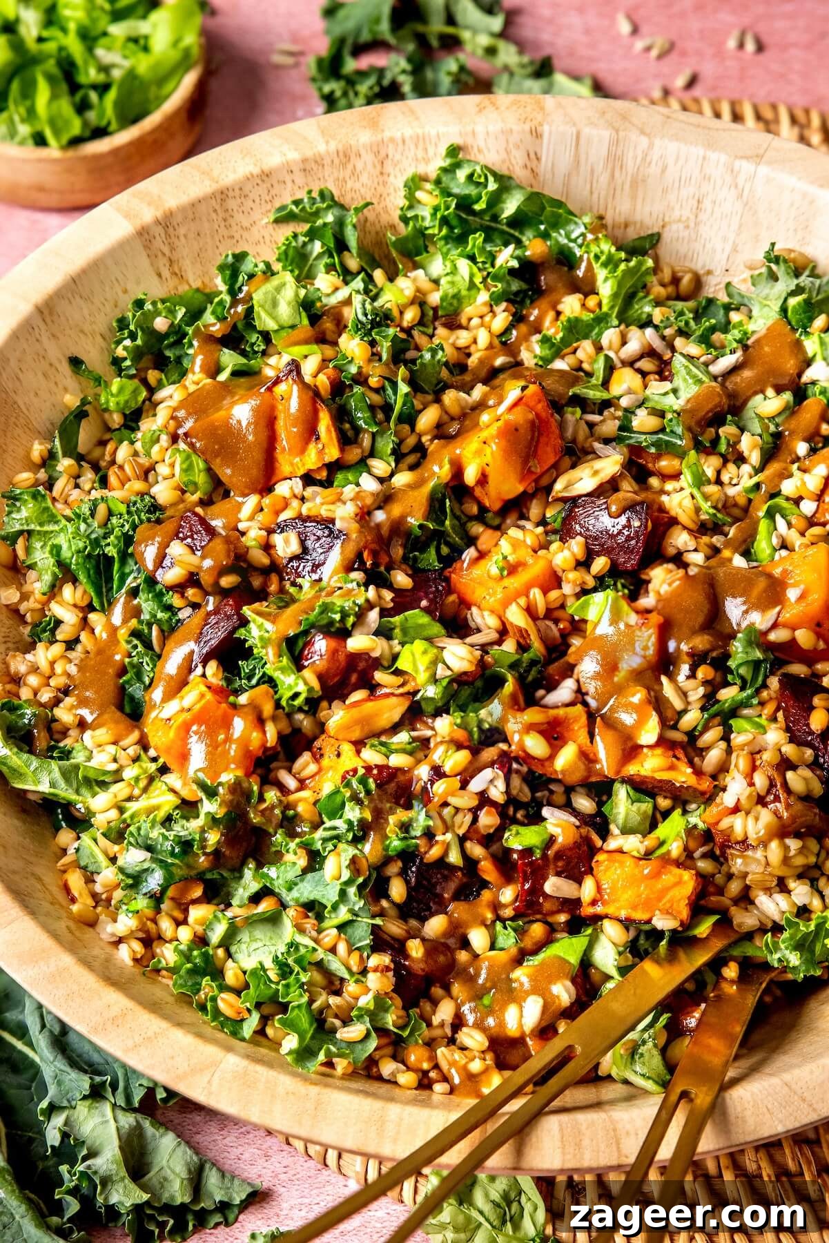 Warm Winter Bounty Salad with Caramelized Shallot Vinaigrette 4 Mixing the Warm Winter Harvest Salad ingredients