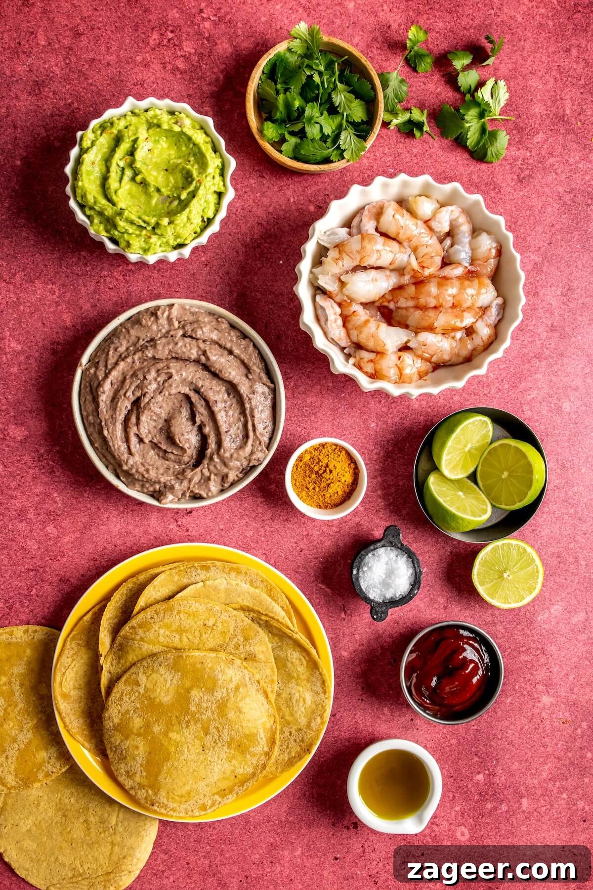 Effortless Shrimp Tostadas 6 Fresh ingredients laid out on a table for Super Simple Shrimp Tostadas preparation