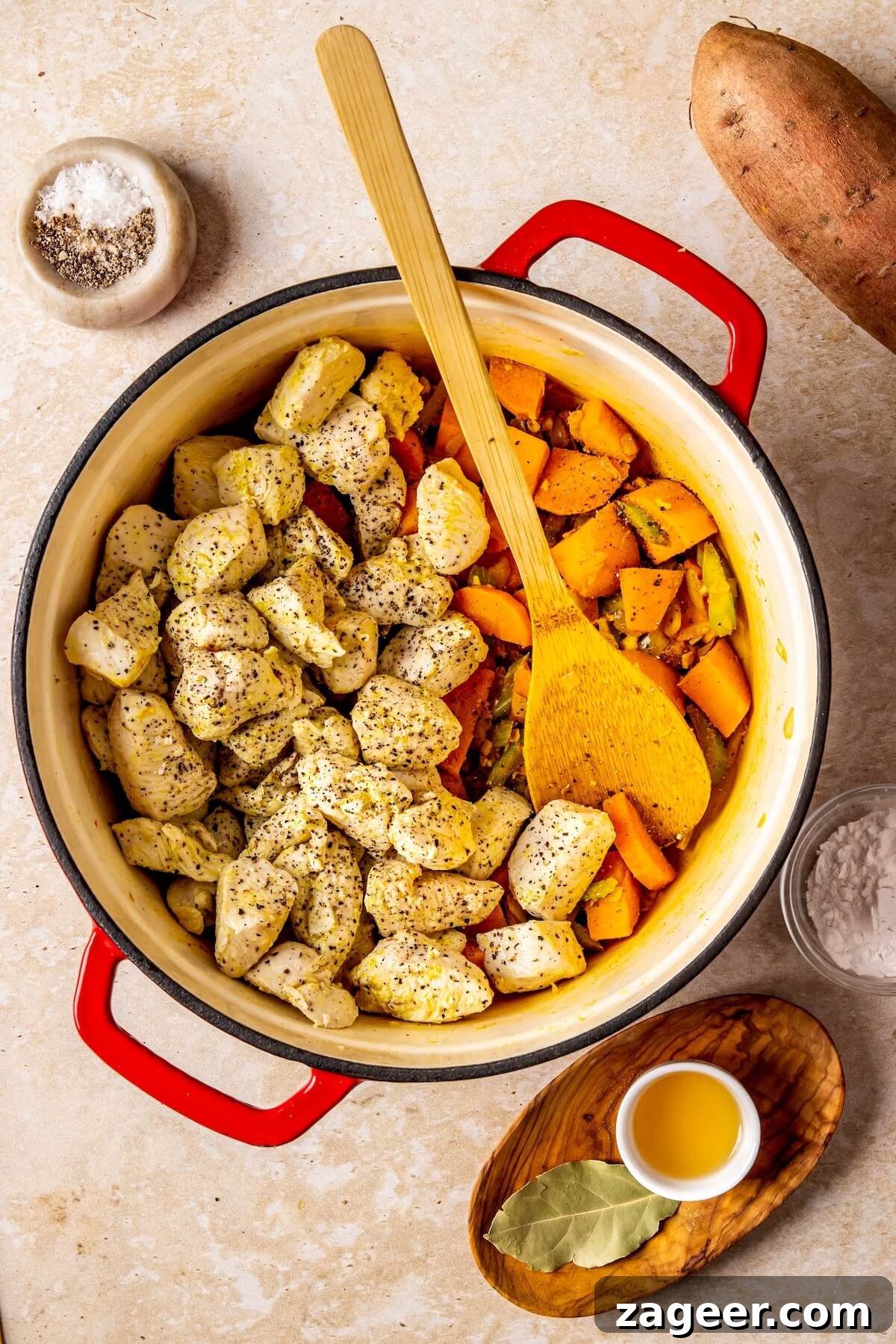 Golden Turmeric Healing Chicken Stew 10 Step 4: Pouring liquids into the chicken stew