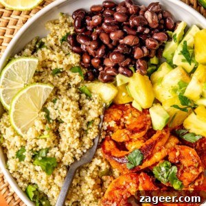 Smoky Shrimp Bowls with Sweet Tropical Salsa 15 Final assembled Sweet and Smoky Shrimp Bowl with all components.