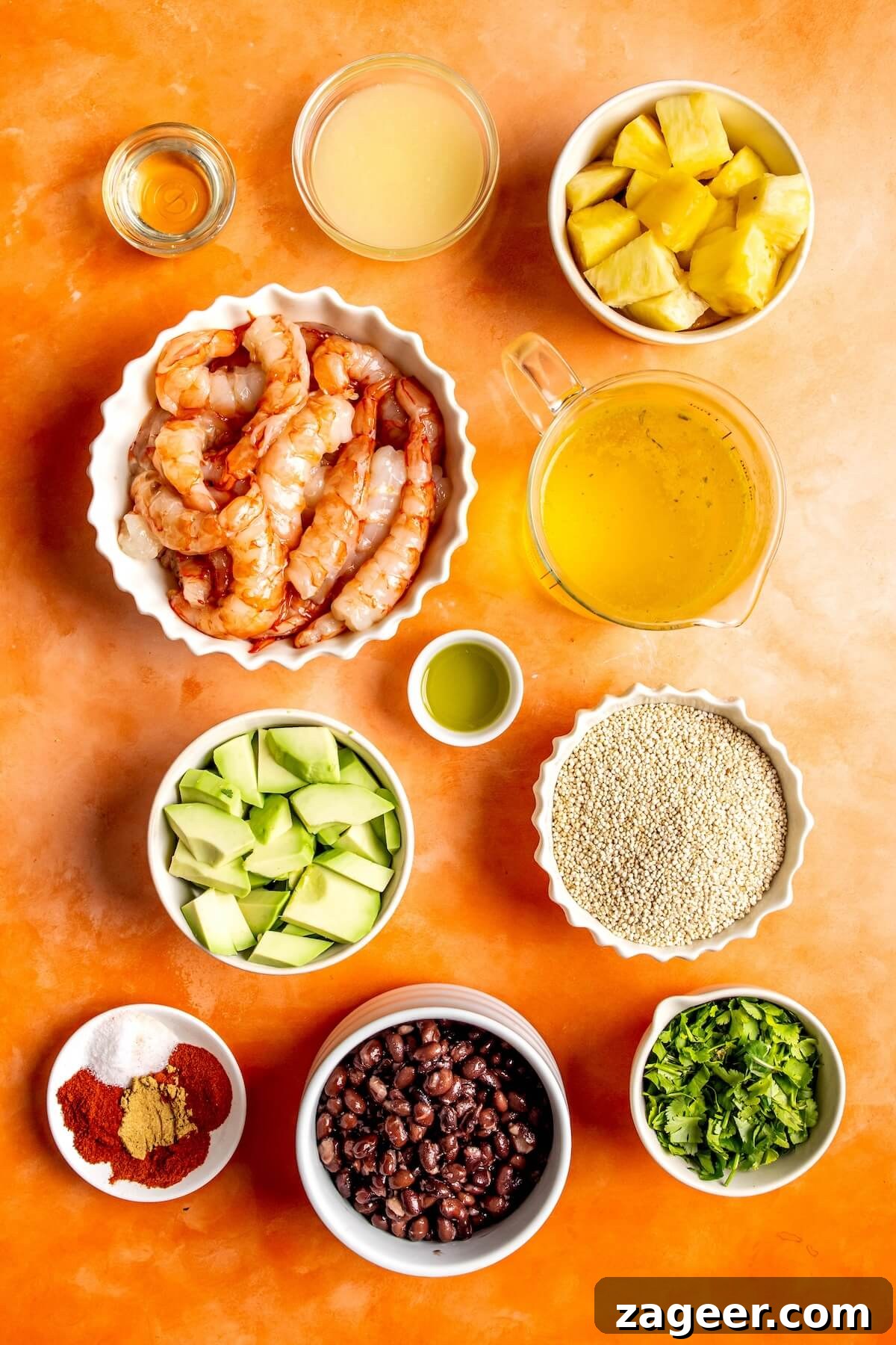 Smoky Shrimp Bowls with Sweet Tropical Salsa 6 A beautifully assembled Sweet and Smoky Shrimp Bowl, garnished with fresh cilantro and lime wedges.
