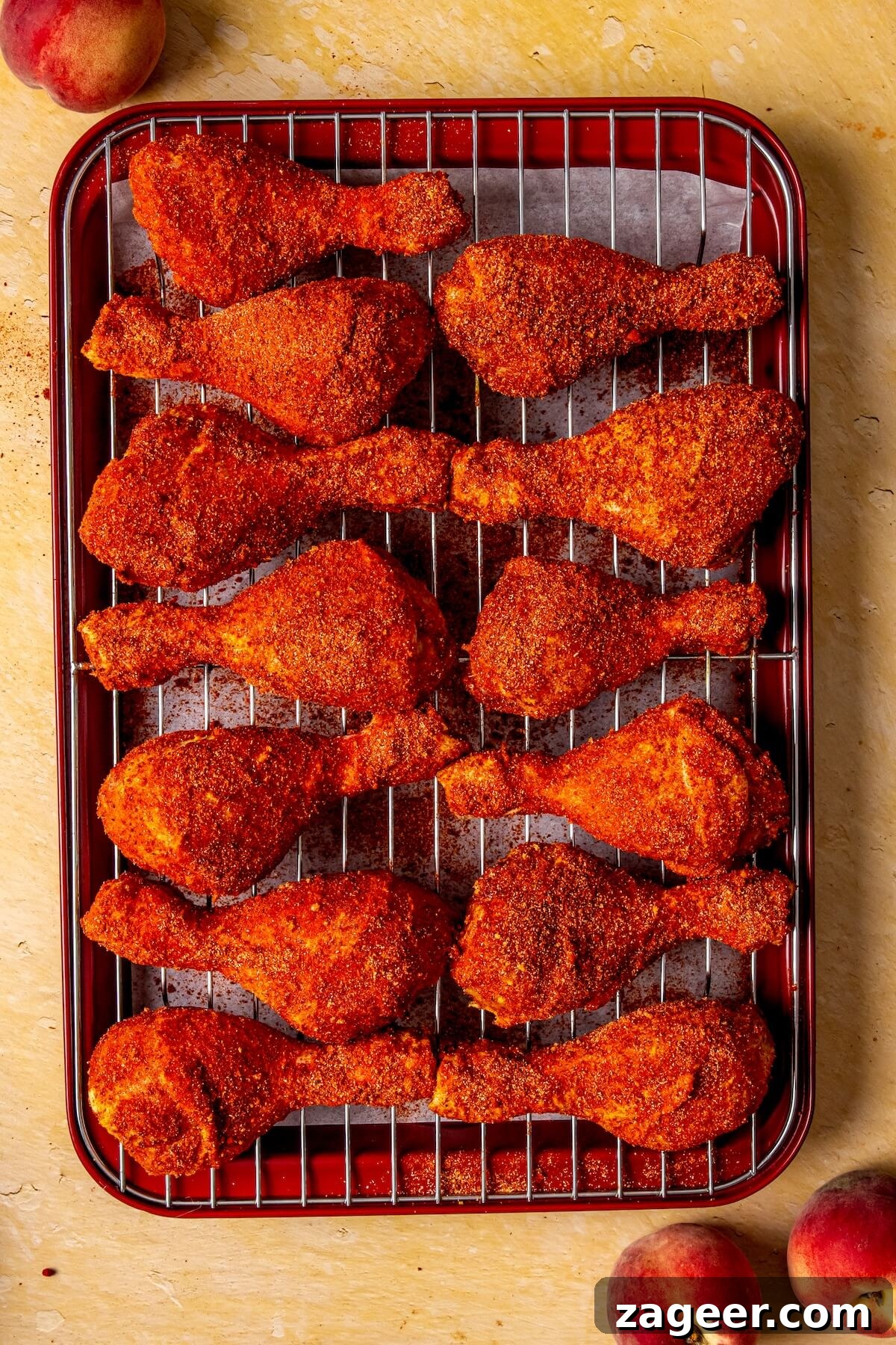 Sweet Peach Glazed Chicken Drumsticks 12 Step 5: Seasoning drumsticks with BBQ rub - Olivia Adriance