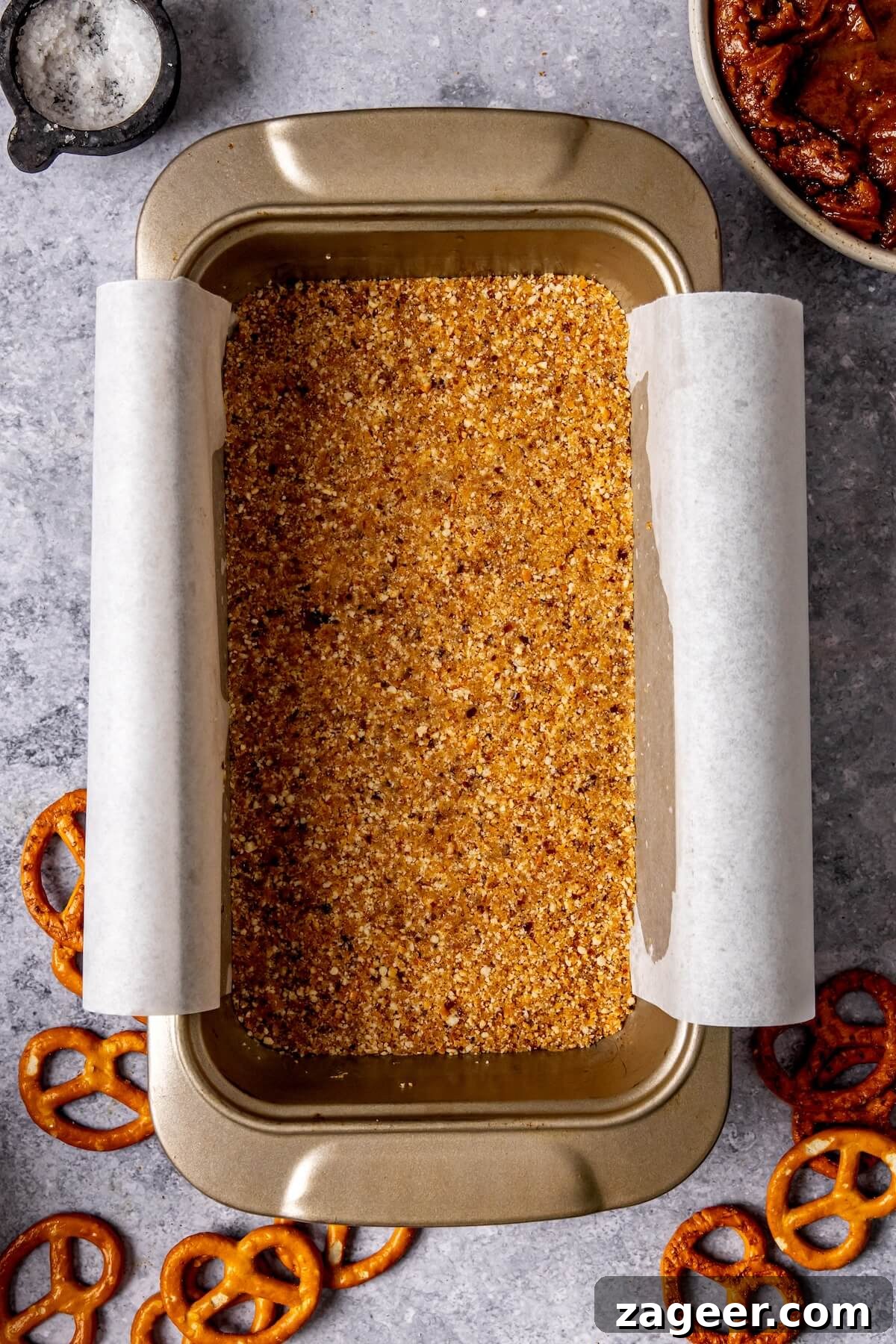 Salty Sweet No Bake Chocolate Peanut Butter Pretzel Bars 10 The pretzel crust mixture, perfectly blended and ready for the pan.